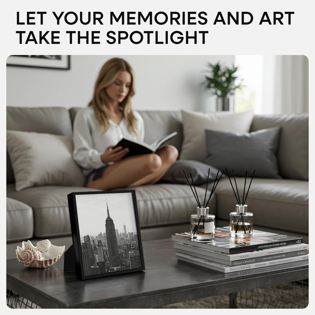 Homeforia Black Picture Frames 8x10, High End Metal 8 x 10 Photo Frame with Mat 5 by 7 Art, 10x8 Black Frame Matted to 5x7 inch Print, 8by10 Wall or Tabletop Frames, Tempered Glass, Wall Kit, Set of 4