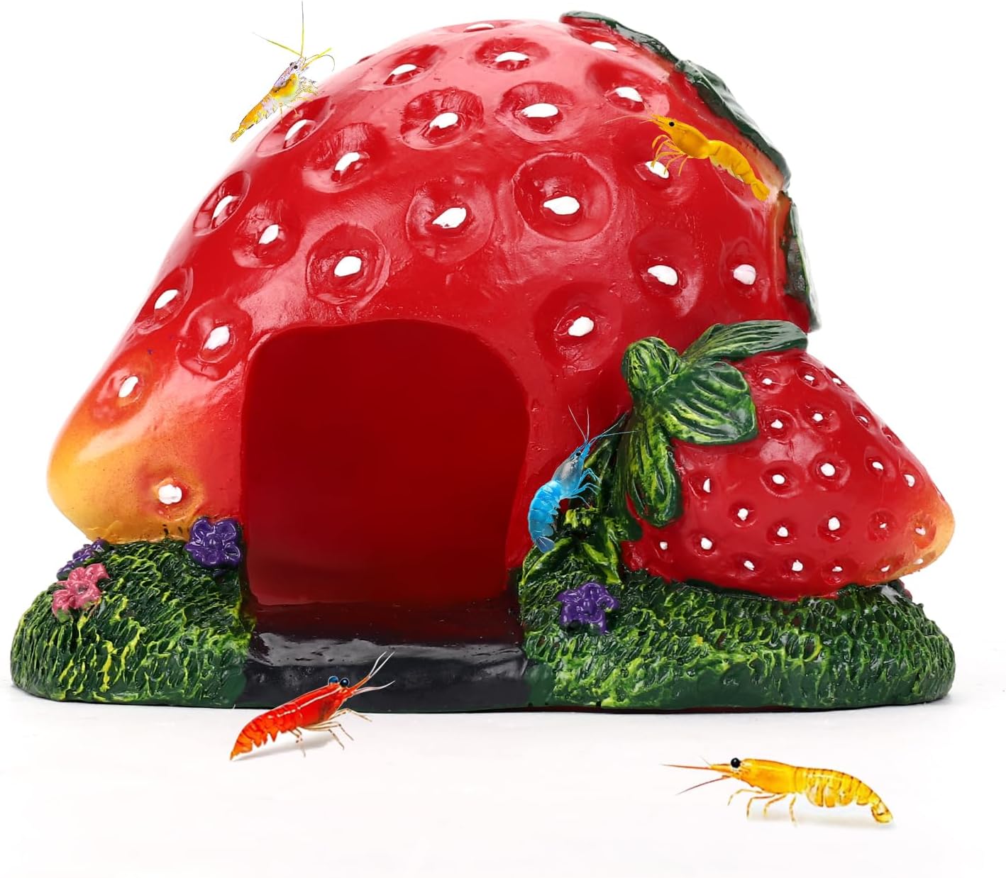 Strawberry Aquarium Decoration Resin-Cute Fish Tank Ornament with Hiding Cave for Betta & Small Fish-Approx. 4.7" L x 4.3" W x 3.5" H (Strawberry)