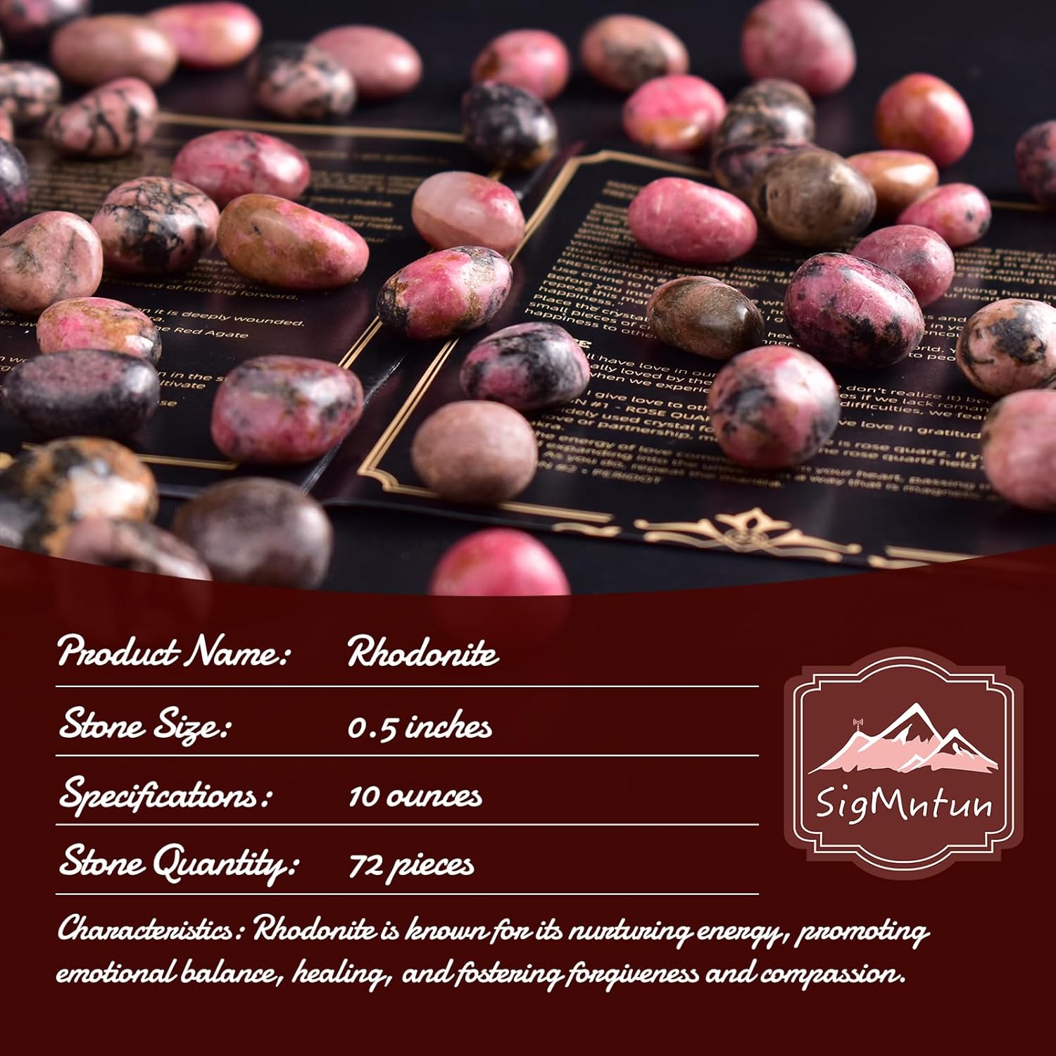 Polished Rhodonite Crystals - 72 Pcs, 0.5" 10 oz Handpicked Natural Tumbled Gemstones Rocks, Pebbles for Reiki, Chakra, Healing Home Decor