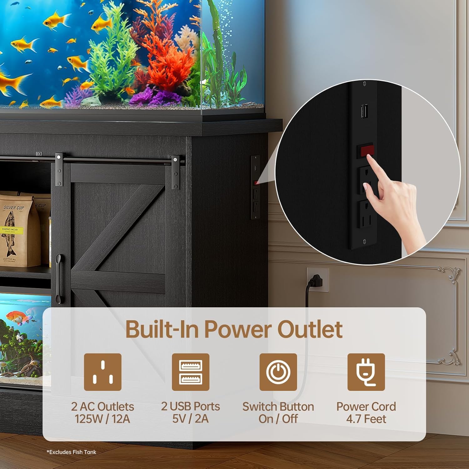 55-75 Gallon Fish Tank Stand with Sliding Barn Doors & Power Outlet, Heavy Duty Aquarium Stand with Cabinet Storage for Fish Tank, Turtle Tank, Reptile Terrarium, 1000LBS Capacity