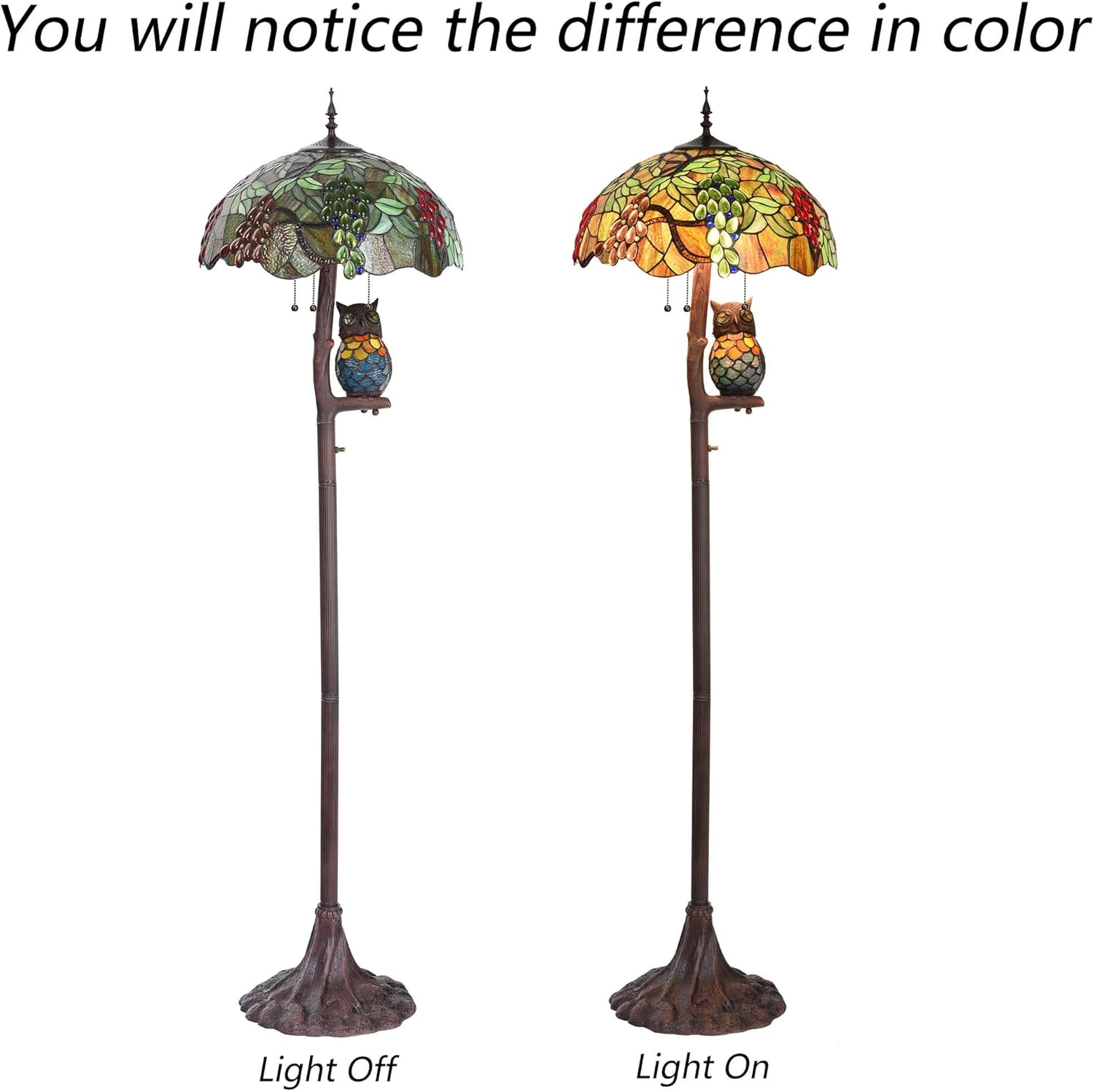 Bieye L10766 Grapes Tiffany Style Stained Glass Double-Lit Floor Lamp with Owl Night Light, 18" Wx65 H
