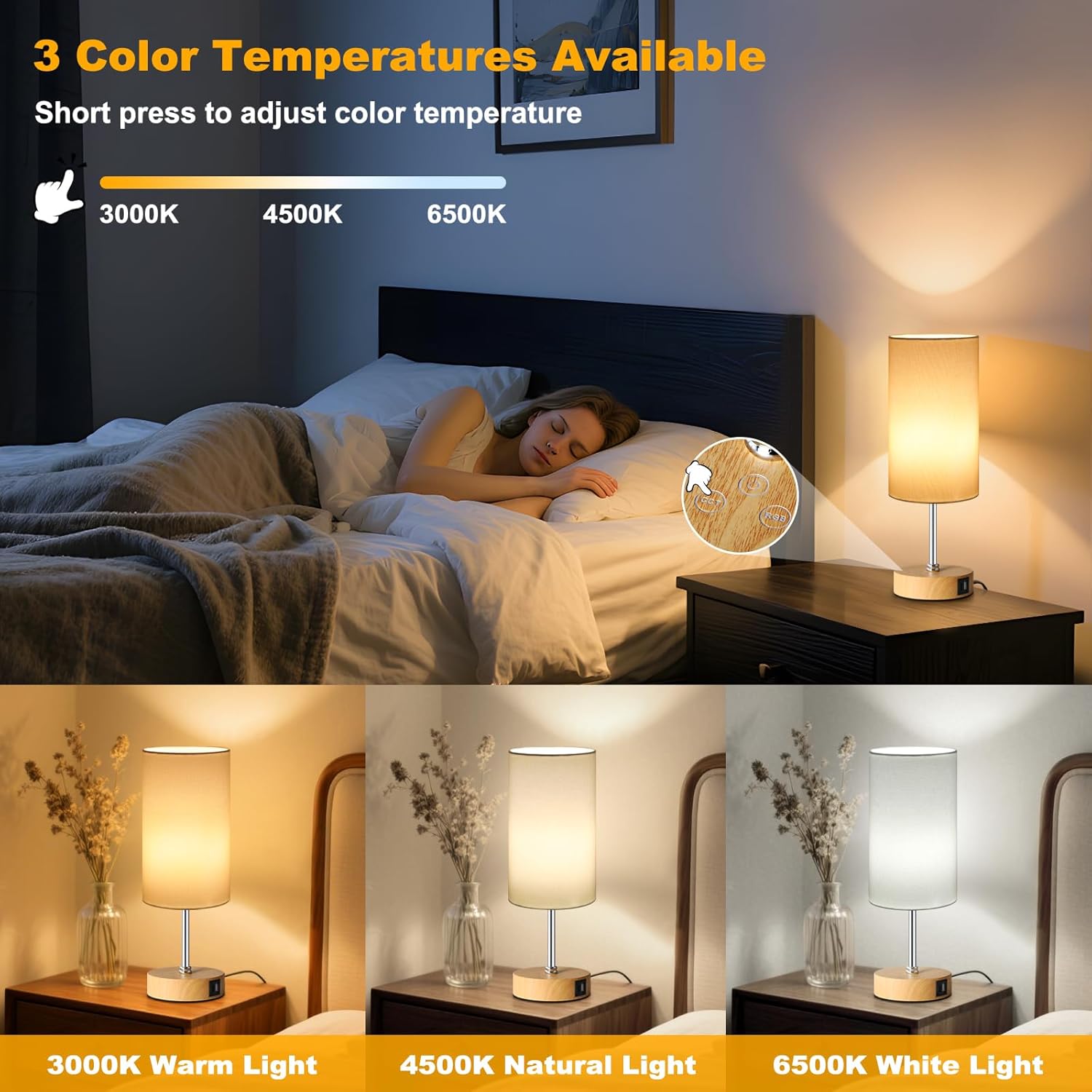 Unicozin Small Table Lamp, 3CCT & 7 RGB Color Changing, Dimmable Nightstand Lamp with Wood Grain Base, Touch Bedsides Lamp for Bedroom, Office, Kids Room, Nursery, Party, White Shade