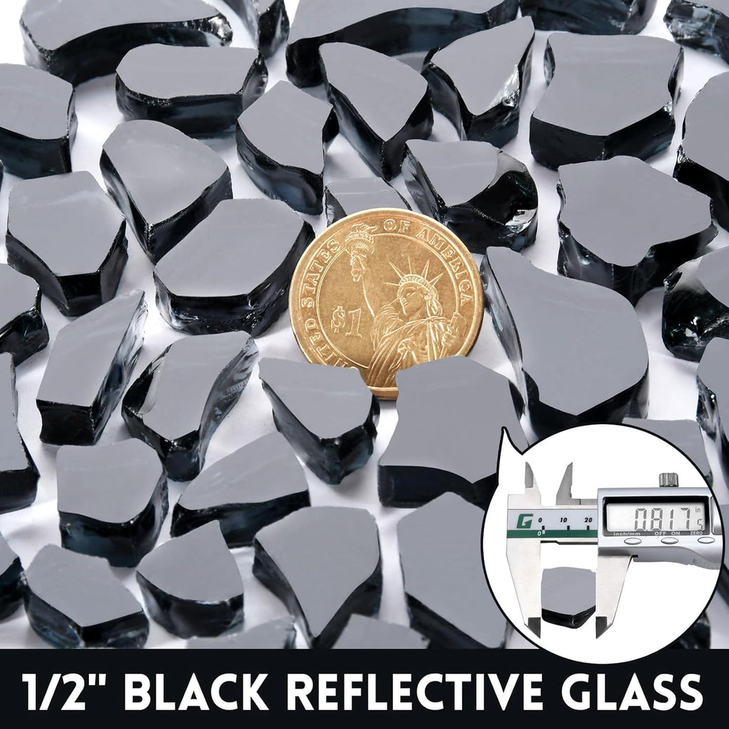 GasSaf 1/2 Inch Fire Glass Reflective Tempered Fireglass Cut Crushed FireGlass for Fire Pit, Fireplace, Replaces Existing Gas Logs & Lava Rocks (20 Pound)(Black Reflective)