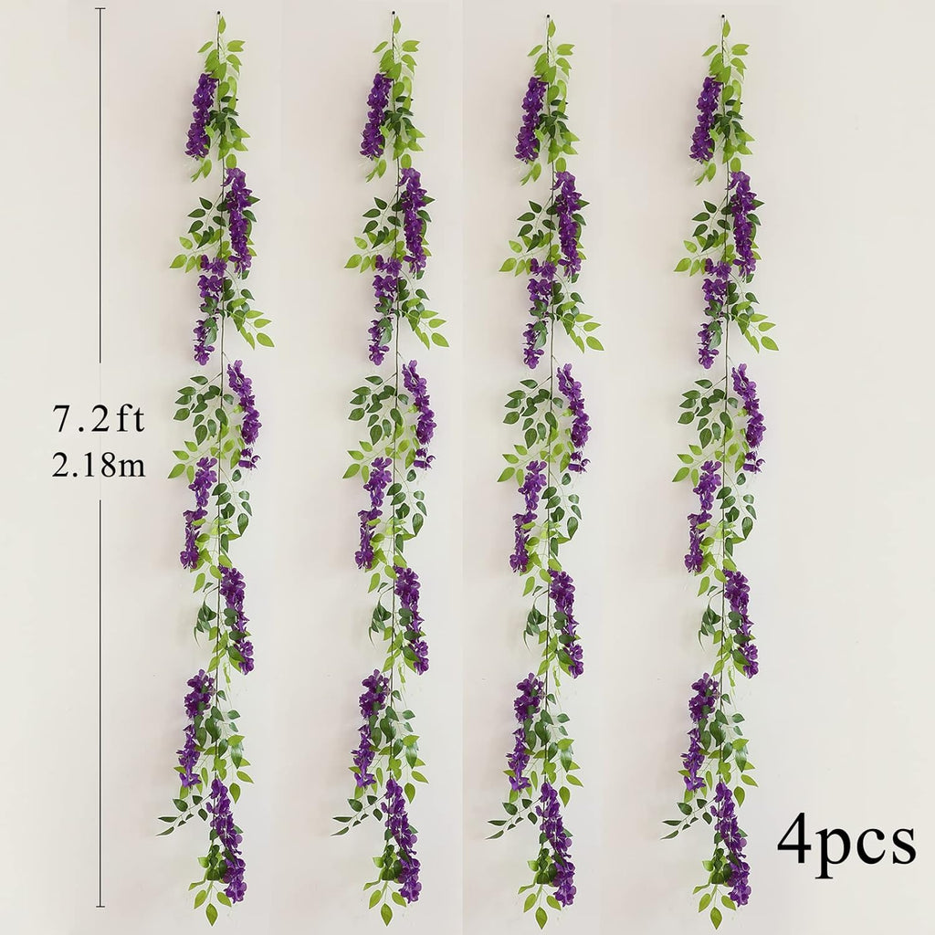 Wisteria Artificial Flowers Garland, 4Pcs 7.2Ft/Piece Silk Fake Wisteria Vine Kit, Hanging Flower for House Outdoor Garden Ceremony Outside Wedding Arch Floral Decor (4, Purple)