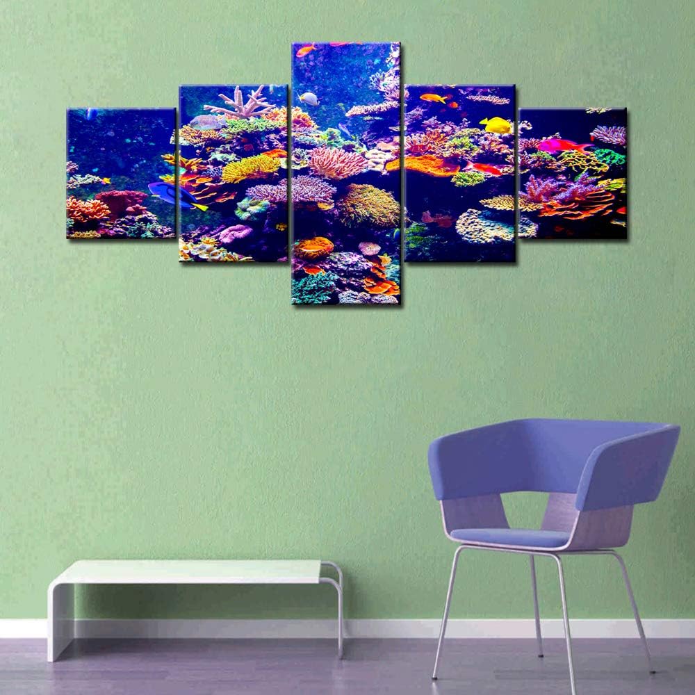 Purple Coral Reef Pictures Undersea Plants Paintings for Living Room Artwork for Walls Small Fishes Wall Art 5 Panel Printed on Canvas Gallery-Wrapped House Decor Framed Ready to Hang(50''Wx24''H)