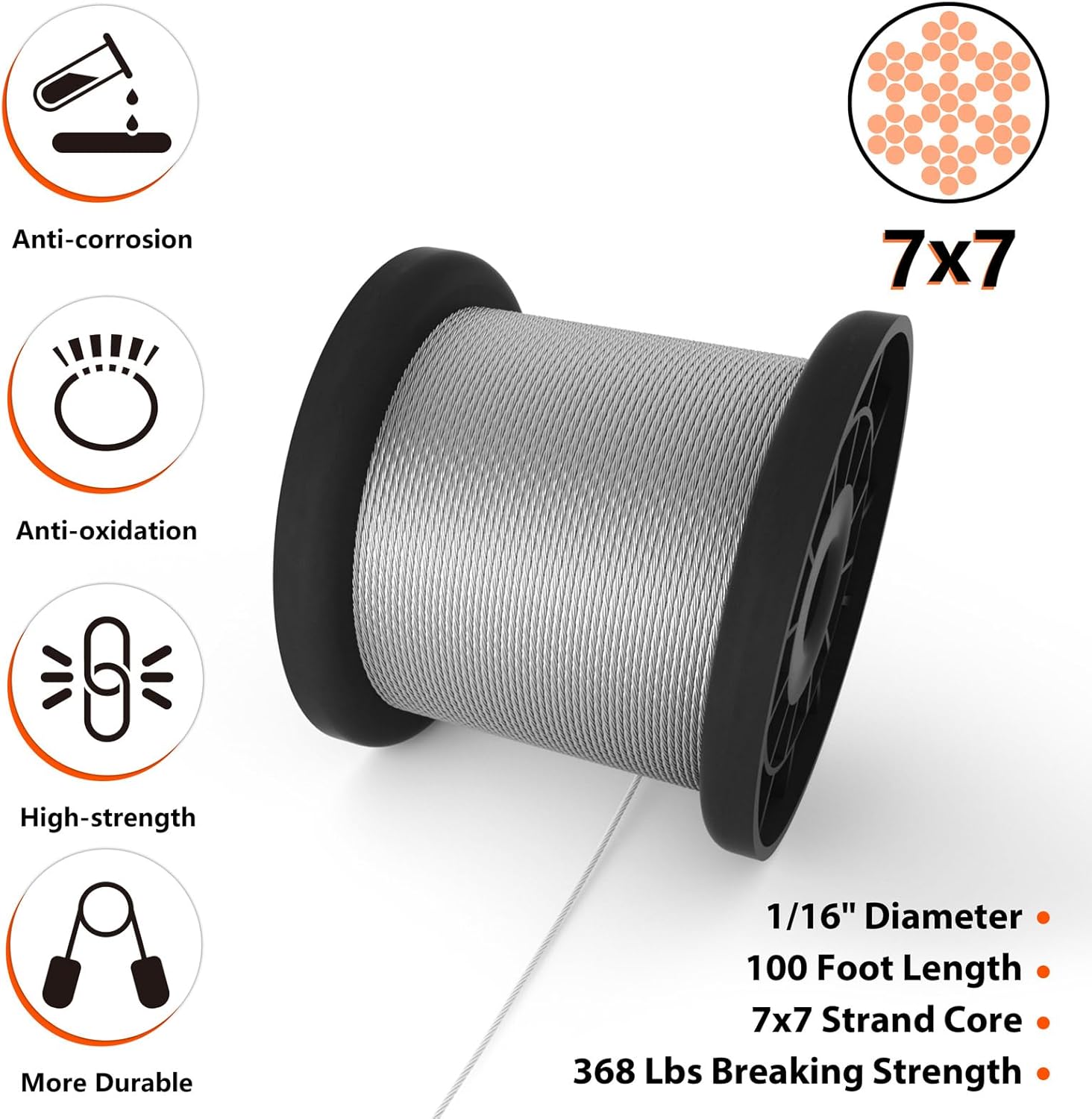 Sanuke Wire Rope Crimp Kit with 100ft 1/16 304 Stainless Steel Cable 7x7 Strand Core, 60PCS 1/16'' Aluminum Crimp Loop Sleeves and 15PCS M2 Wire Rope Stainless Steel Thimble