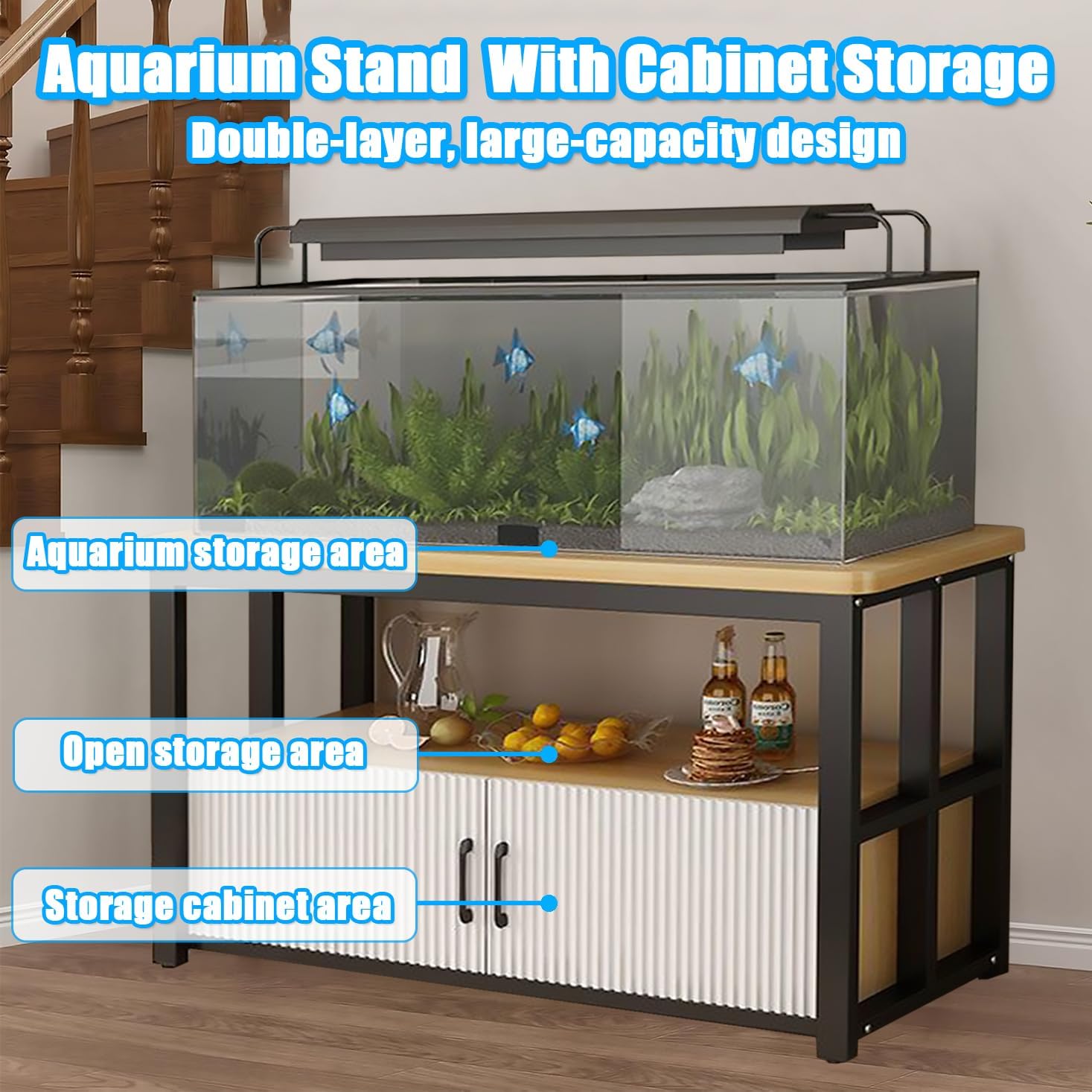 5-75Gallon Aquarium Stands,3 Tier Metal Frame Fish Tank Stand with Cabinet Storage,Reptile Tank Stand for Home Living Room Bedroom Office,2200LBS Capacity (Black+Light Mahogany, L23.6″*W11.8″*H23.6″)