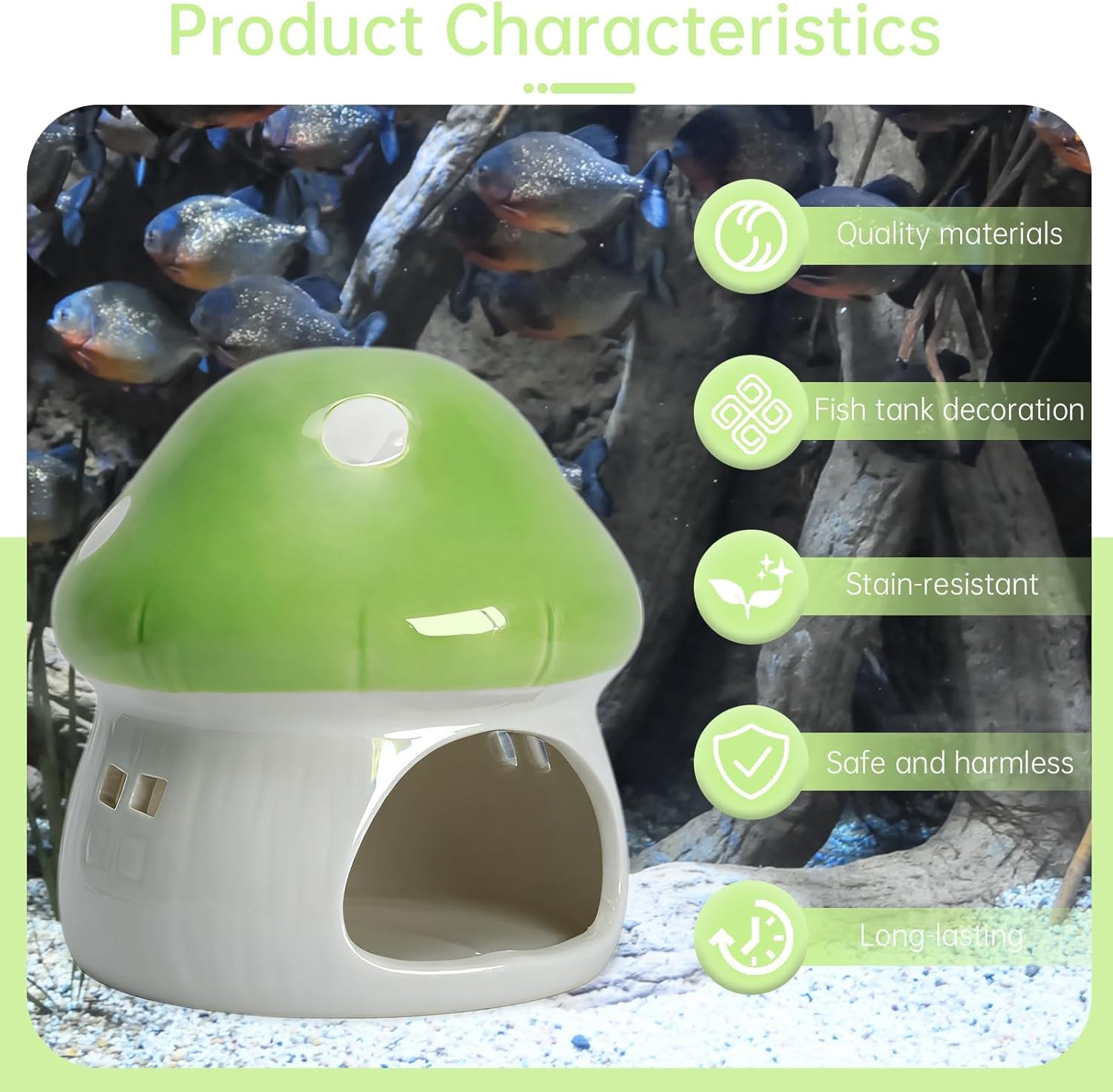 Mushroom Fish Tank Decor, Fish Cave for Aquarium Ceramics Betta Hideout Decoration Cottage Ornament Goldfishes Pleco Cave Hideaway Spawning Decor - Green