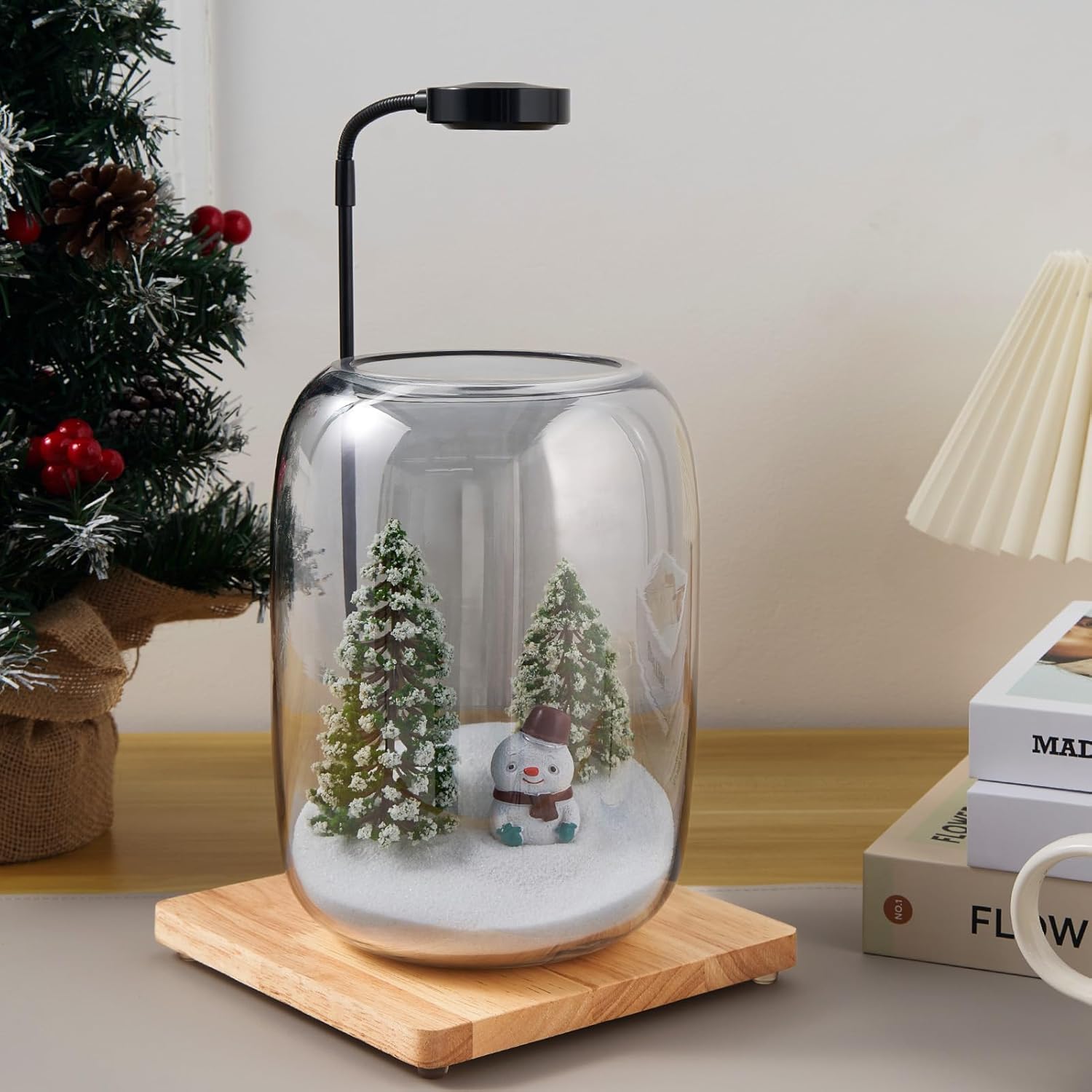 Glass Plant Terrarium Kit, 6.3"X8.6" Micro-Landscape Vase with Light, Snowman and Pine Trees, for Home Office Tabletop Decoration, Wardian, Unique