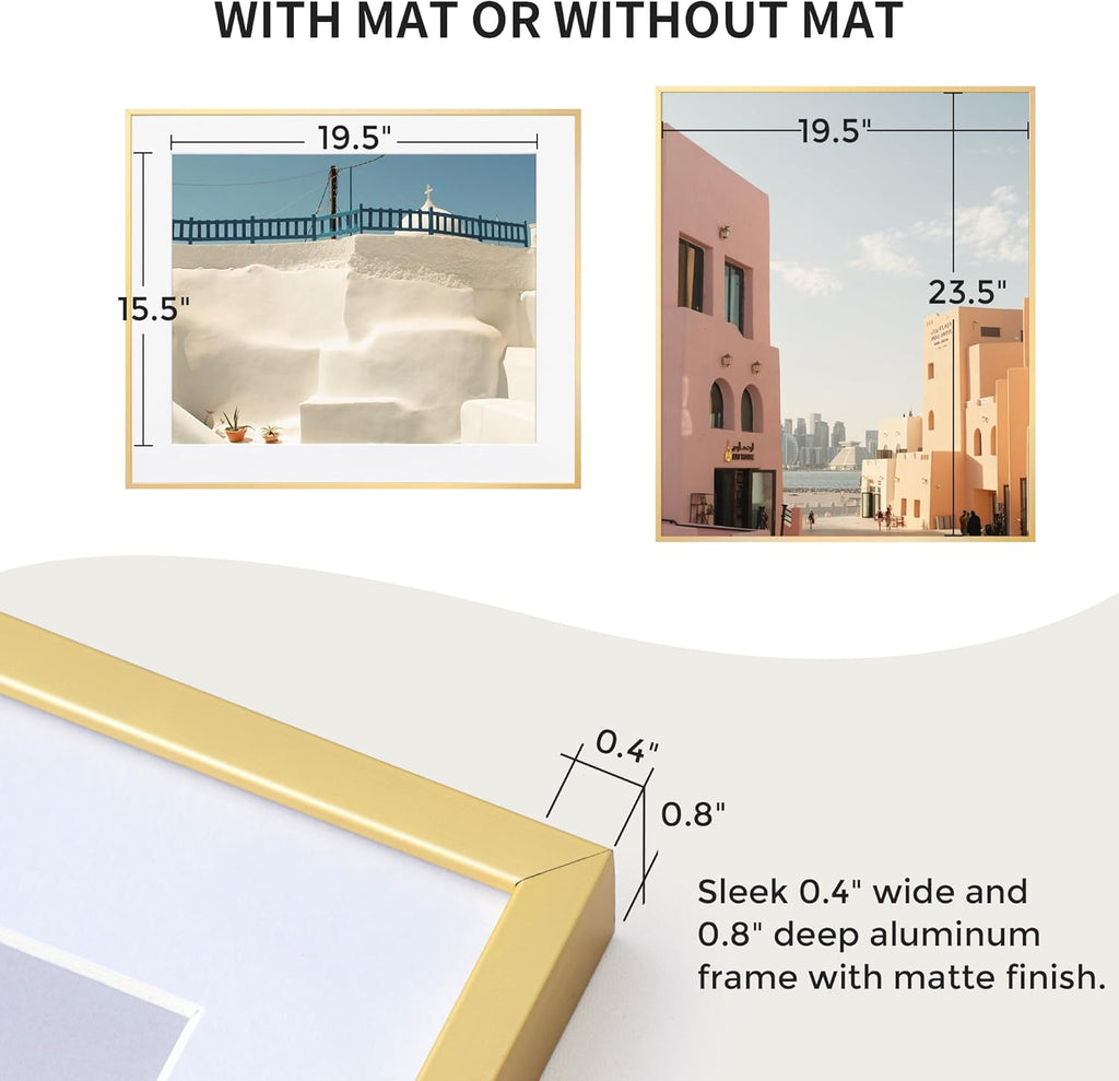 20x24 Metal Picture Frame with 16x20 Mat, Brushed Aluminum Finish, Tempered Glass Front, and Attached Hanging Hardware - Wall Display Frames for Vertical or Horizontal Orientation(Gold, 1 Pack)