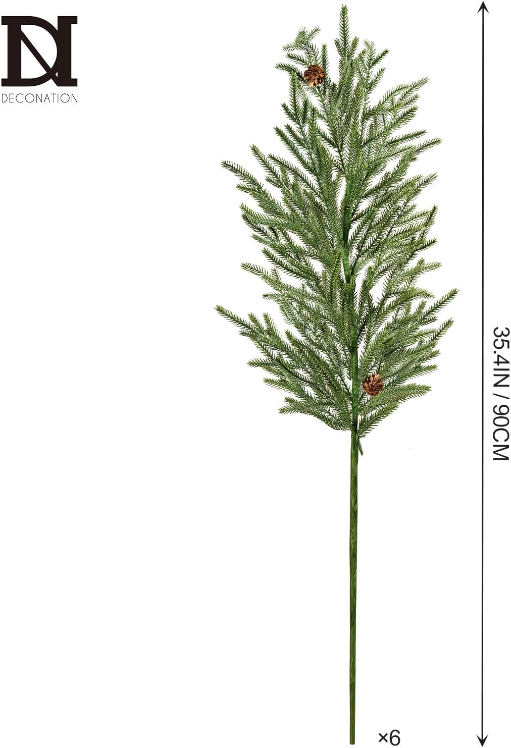 DN DECONATION Artificial Christmas Norfolk Pine Stems, Faux Pine Branches with Cones 35.4" 6PCS - Greenery Fake Pine Needles for Vase Arrangements, Winter, Holiday Indoor Outdoor Home Decor