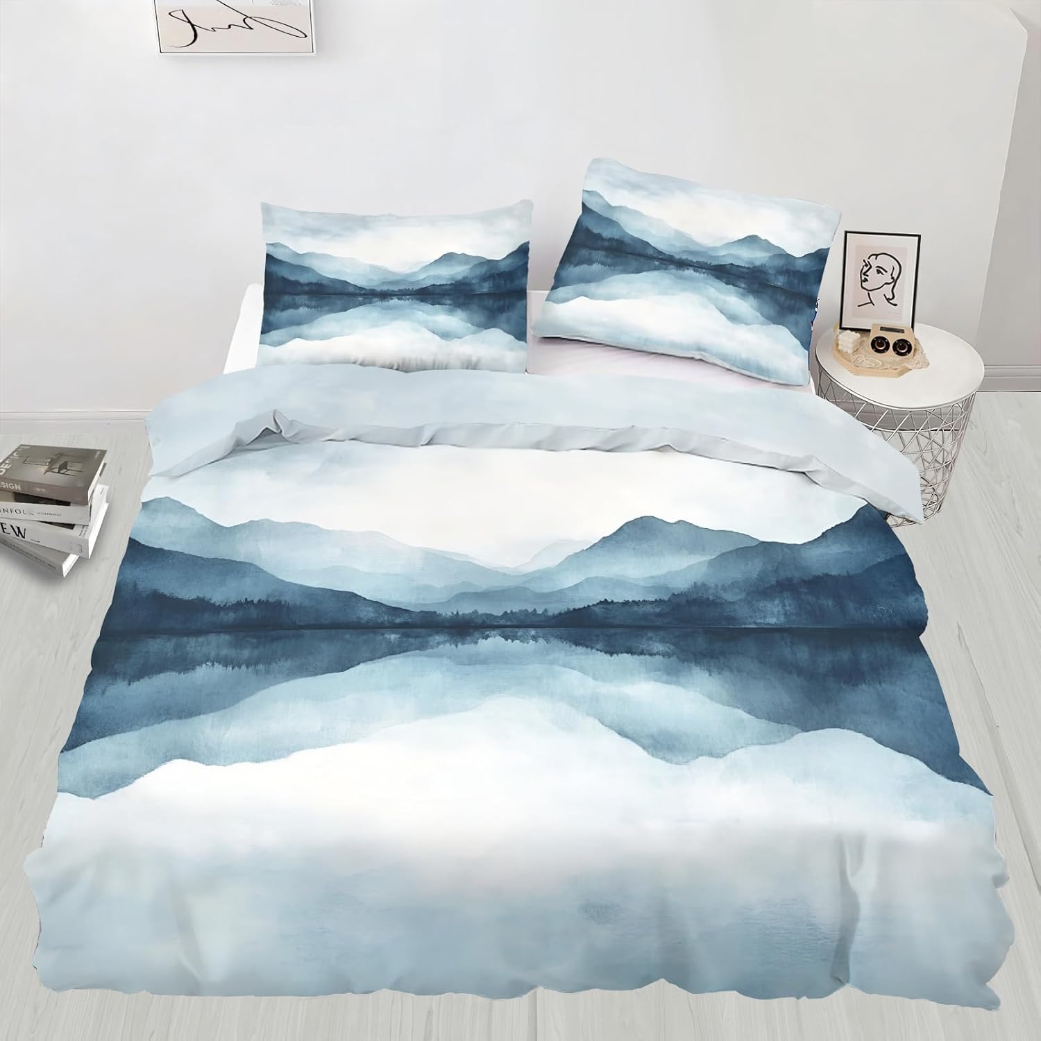 Misty Mountain Duvet Cover Twin Size, Foggy Forest Bedding Set 2 Piece Kids and Adults Teal Ink Landscape Comforter Cover and 1 Pillow Sham with Zipper Closure