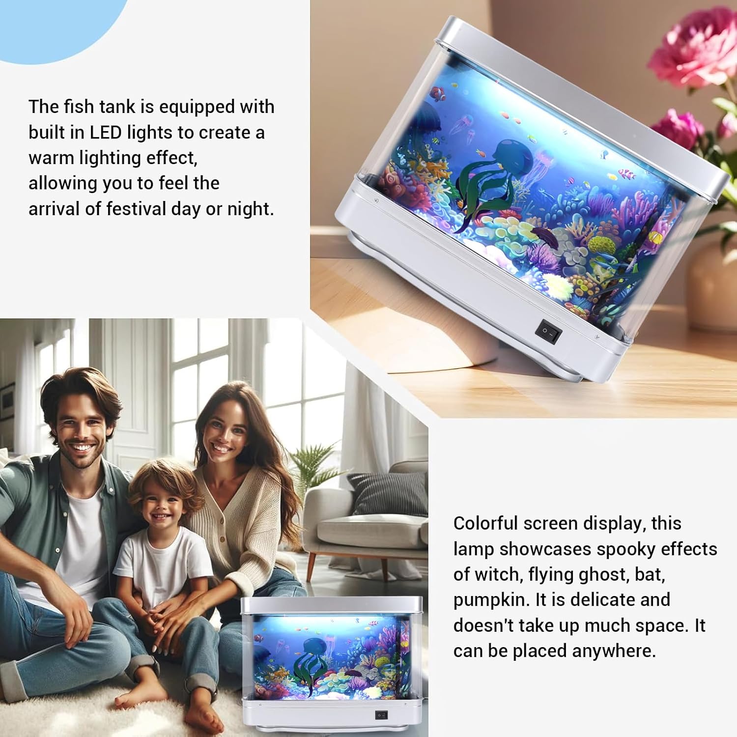 Tyenaza Fake Fish Tank Lamp with Moving Fish, LED White Light USB 5V Plug in Artificial Aquarium Lamp for Desktop Bedroom