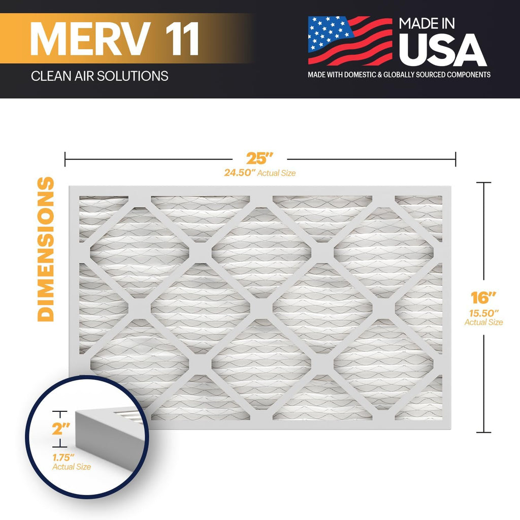 BNX TruFilter 16x25x2 Air Filter MERV 11 (4-Pack) - MADE IN USA - Allergen Defense Electrostatic Pleated Air Conditioner HVAC AC Furnace Filters for Allergies, Dust, Pet, Smoke, Allergy MPR 1200 FPR 7