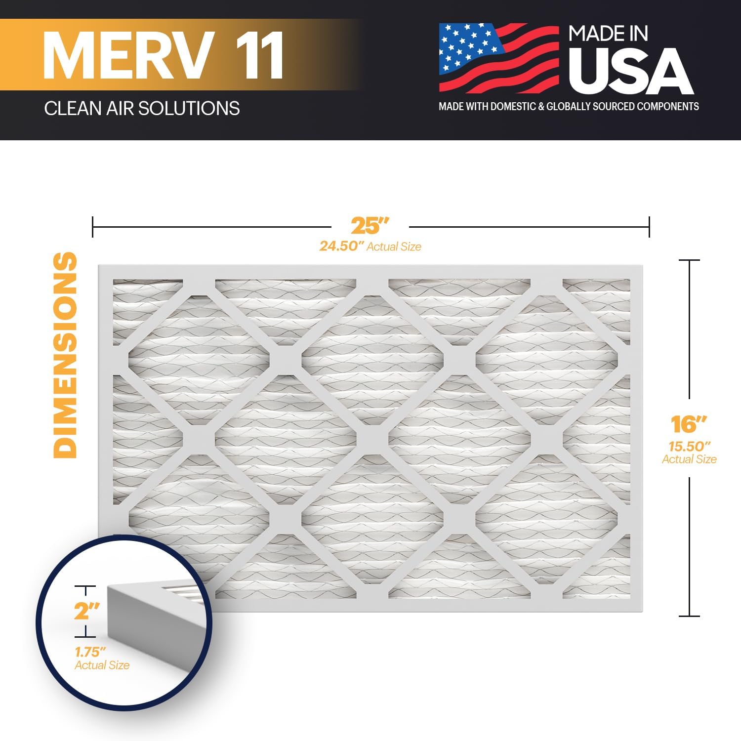 BNX TruFilter 16x25x2 Air Filter MERV 11 (4-Pack) - MADE IN USA - Allergen Defense Electrostatic Pleated Air Conditioner HVAC AC Furnace Filters for Allergies, Dust, Pet, Smoke, Allergy MPR 1200 FPR 7