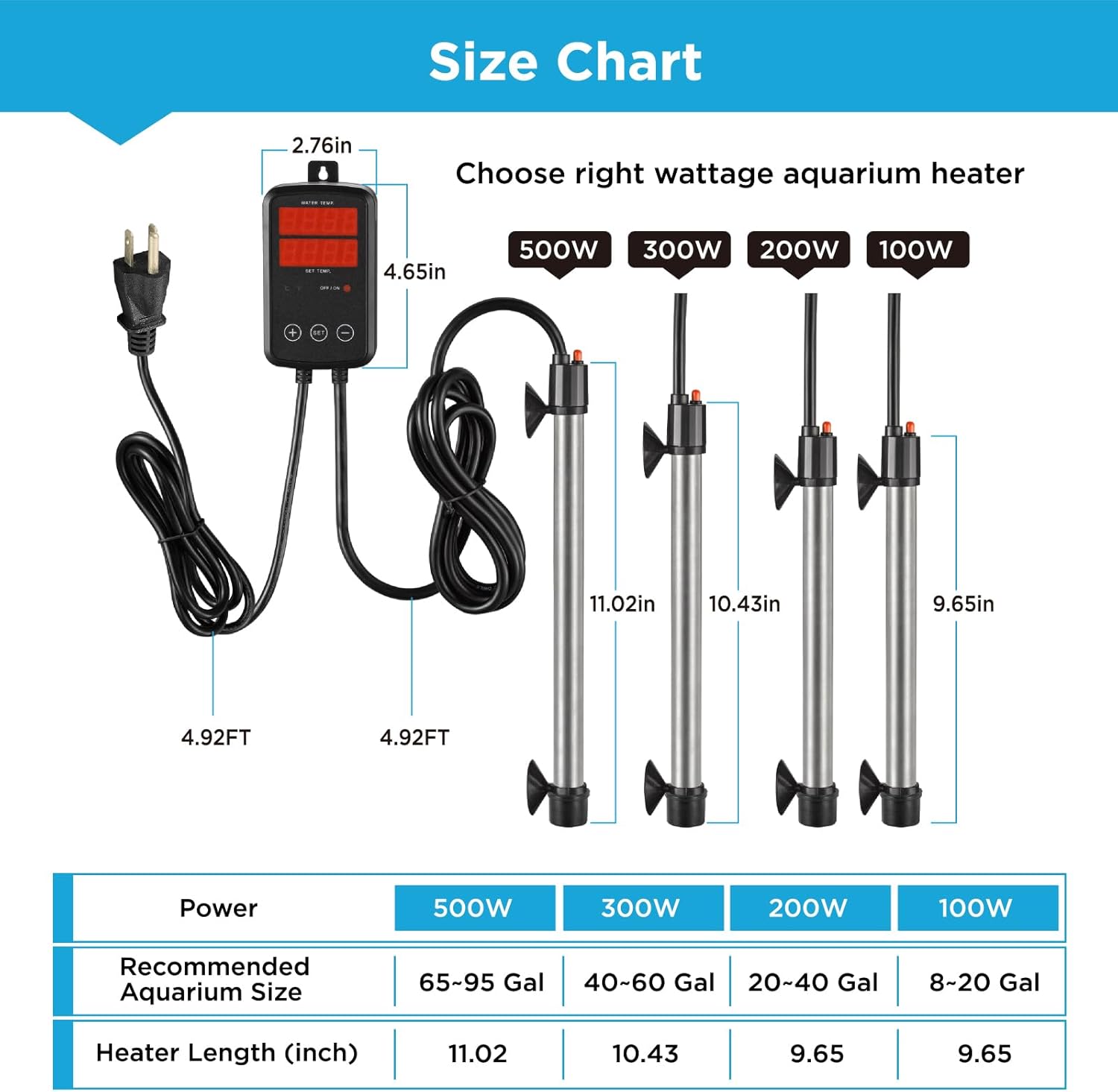 Titanium Aquarium Heater 300W, Submersible Fish Tank Heater with Digital Display Temperature Controller, 0℃-40℃ Adjustable, Fast Heating for 40 ~ 60 Gal Saltwater Freshwater Fish Tank, MX-9016(300W)