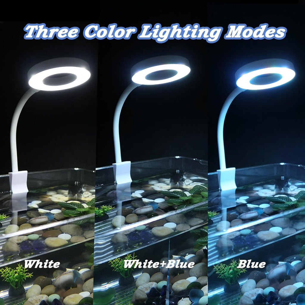Small Aquarium Light Clip on Fish Tank Light LED USB Full Spectrum Light with Dimmer Multi-Color White+Blue+Red for 1-5 Gal Betta Tank (Adapter NoT Included, No Timer)
