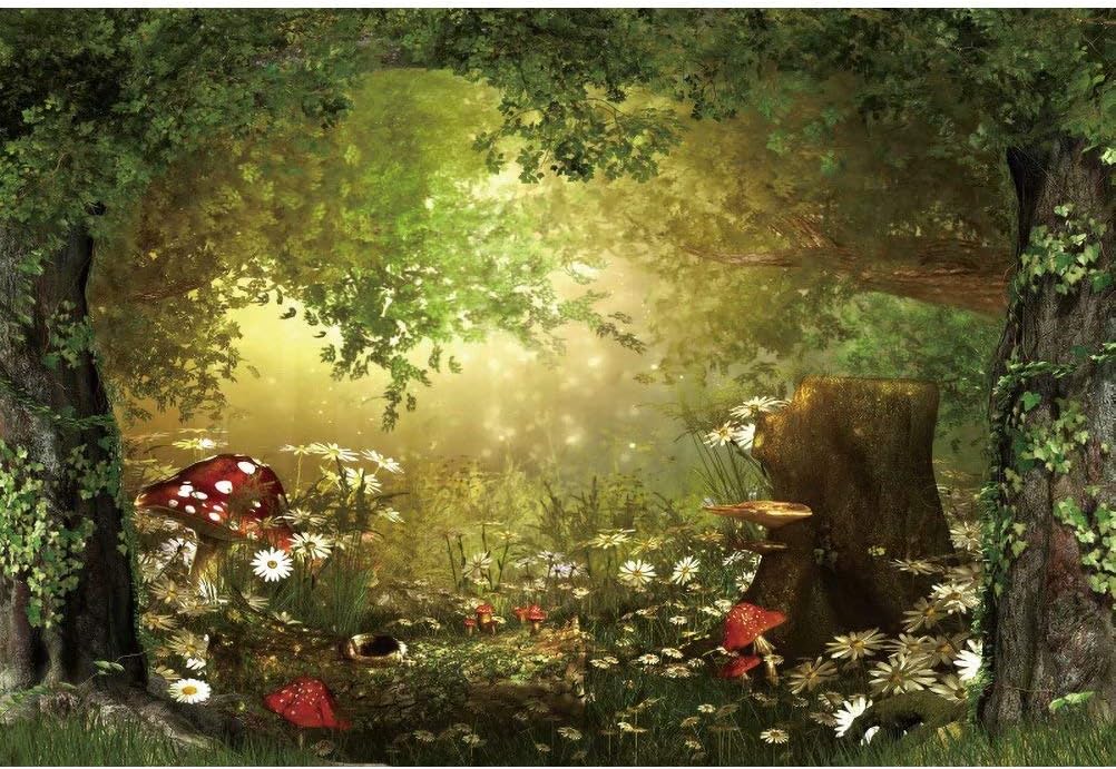 Fairy Tale Forest Wonderland Backdrops for Photography Vinyl 10x8ft Green Trees Wildflowers Daisy Mushroom Scenery Photo Background Portrait Kid Boy Girl Photoshoot Studio Prop Party Decor