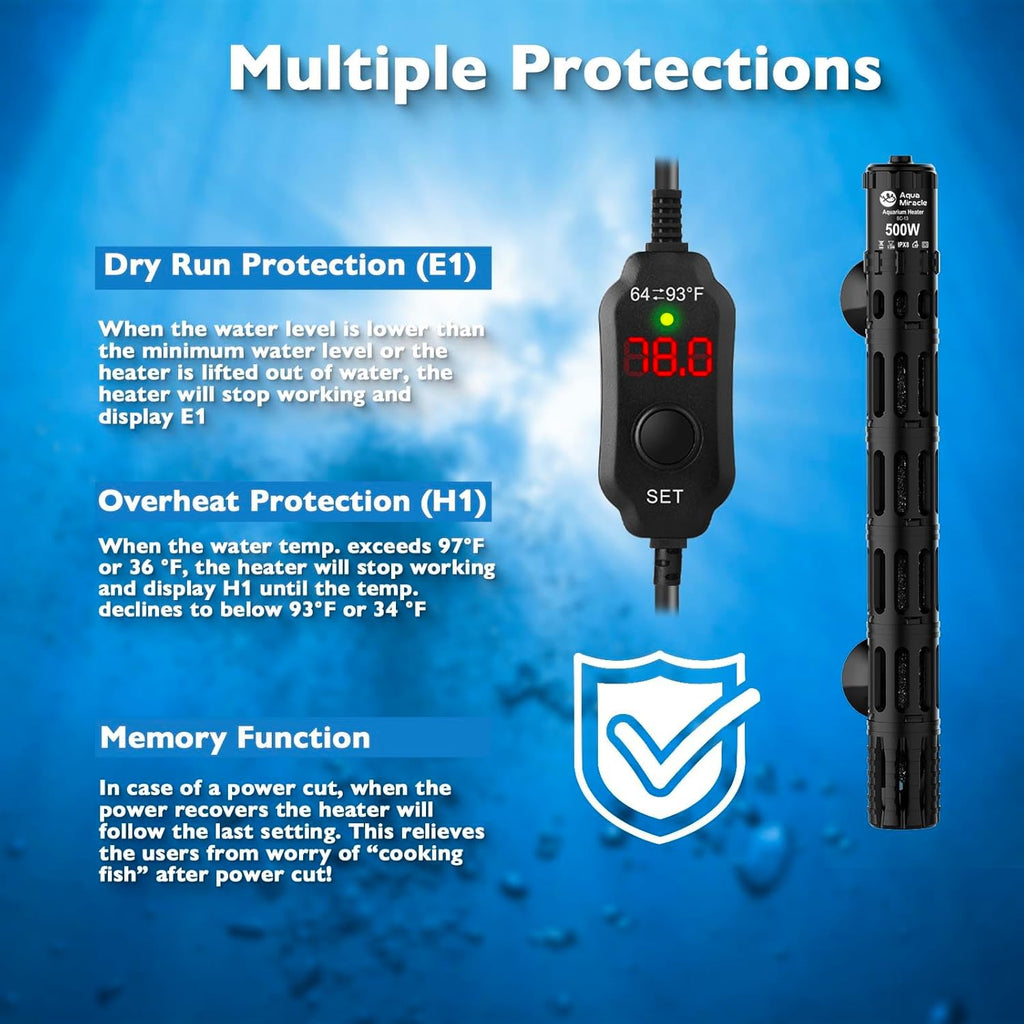 AquaMiracle Aquarium Heater with LED Digital Display Thermostat, Adjustable Fish Tank Heater with Protective Housing, Fish Heaters Turtle Tank Heaters for 75-120 Gallon Tanks(500W)