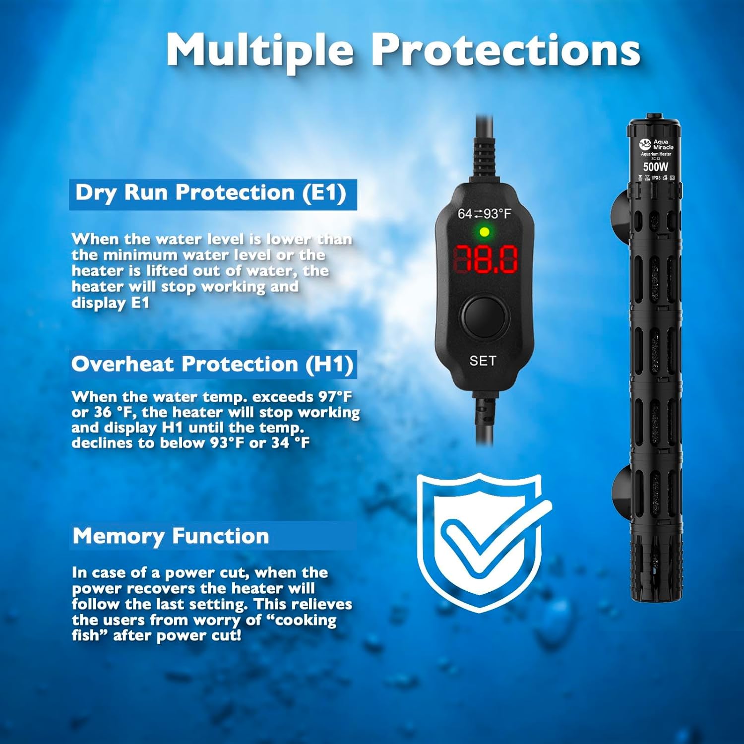AquaMiracle Aquarium Heater with LED Digital Display Thermostat, Adjustable Fish Tank Heater with Protective Housing, Fish Heaters Turtle Tank Heaters for 75-120 Gallon Tanks(500W)