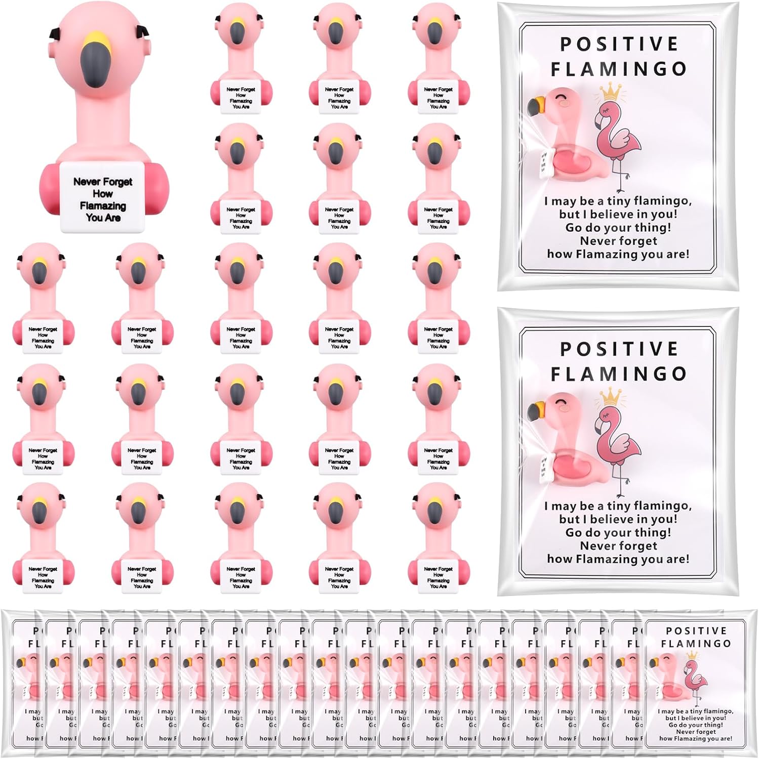 Gejoy 75 Pcs Positive Flamingo Appreciation Gifts Set Include 25 Mini Rubber Flamingo 25 Motivational Card 25 Package Bag Emotional Inspirational Gifts for Employee Coworker Staff Teacher Team Friends