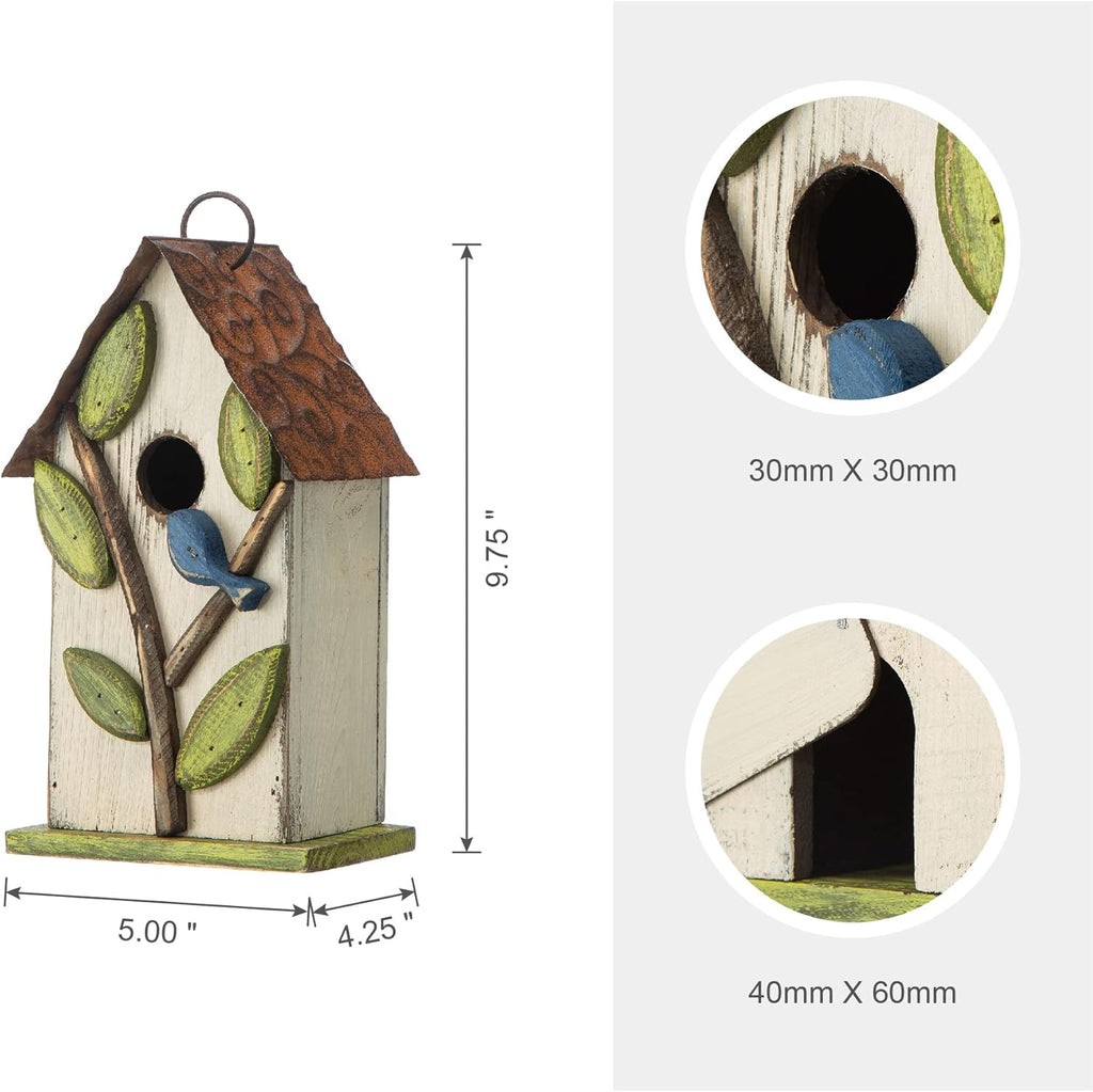 Glitzhome 9.7" H Hanging Birdhouse for Outdoor Patio Garden Decorative Pet Cottage Wooden Distressed Birdhouse, Leaves Rustic White
