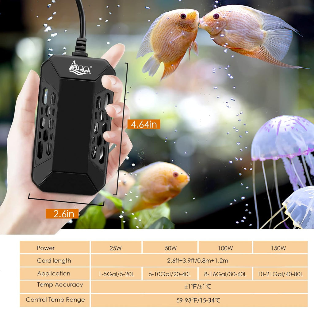 AQQA Aquarium Submersible Heater for Fish Tank,LED Temperature Display and Built-in Thermometer,External Controller Temperature Control Range 59℉-93℉,Safety Control Protects 100W