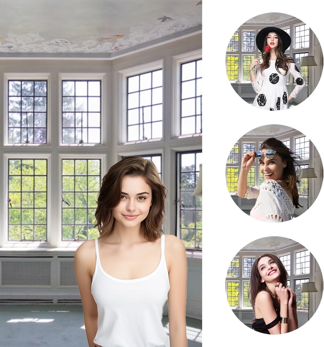 10x5ft Window Landscape Backdrop Summer White Panel Window Green Plant Sunlight Photography Background Anniversary Birthday Party Holiday Festival Portrait Studio Photo Props Polyester