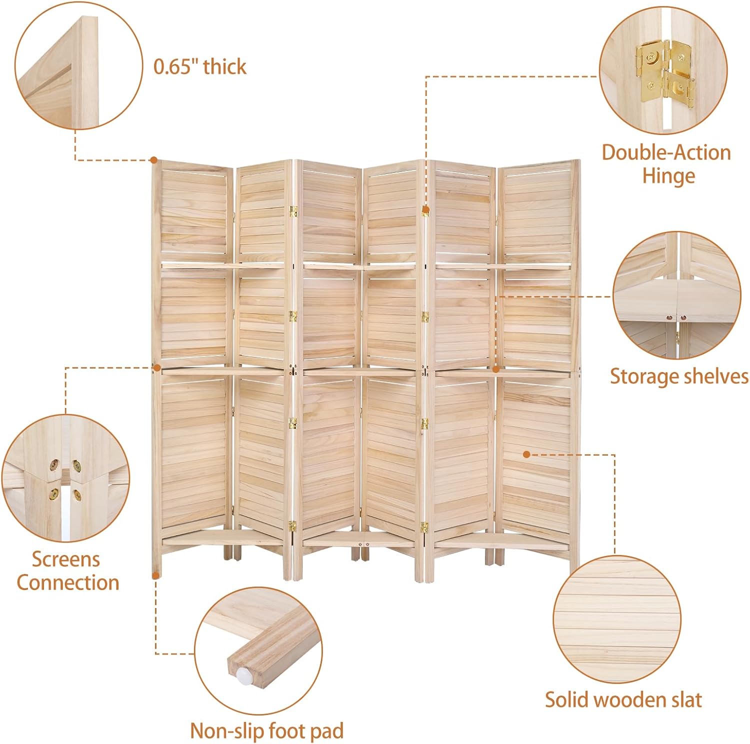 Bonnlo Wood Room Divider Privacy Screen, 5.9 Ft Tall Folding Partition Wall Divider, Indoor Freestanding Hinged Space Separator (Natural, 6 Panel with Shelves)