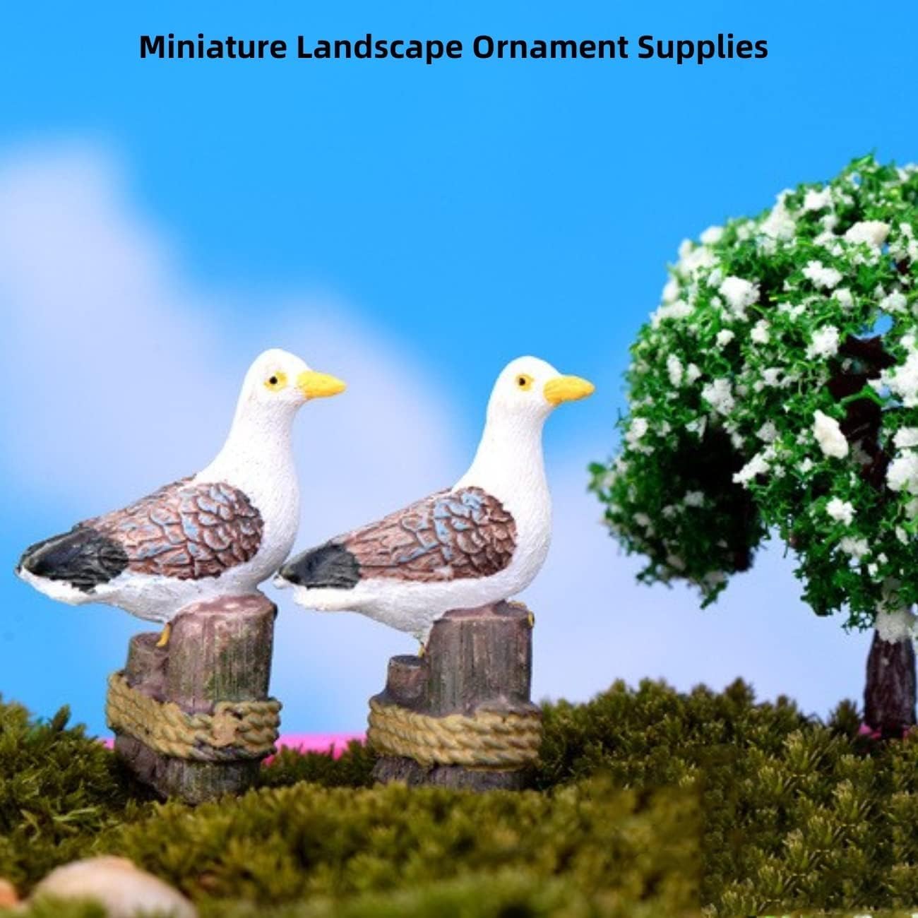 2pcs Dockside Seagull Figurines - Resin Sea Bird Statues for Fairy Garden, Pier Stake Landscape Decoration, Micro Landscape, Aquarium & Terrarium Decor, Cake Toppers, Desk & Plant House Decor