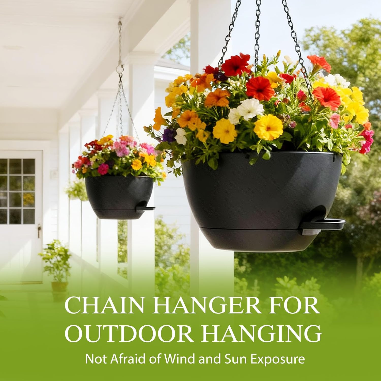 12 Inch Hanging Baskets 2 PC with Chains, Self-Watering Hanging Planters for Indoor Outdoor Plants, Plastic Hanging Flower Pots,Black