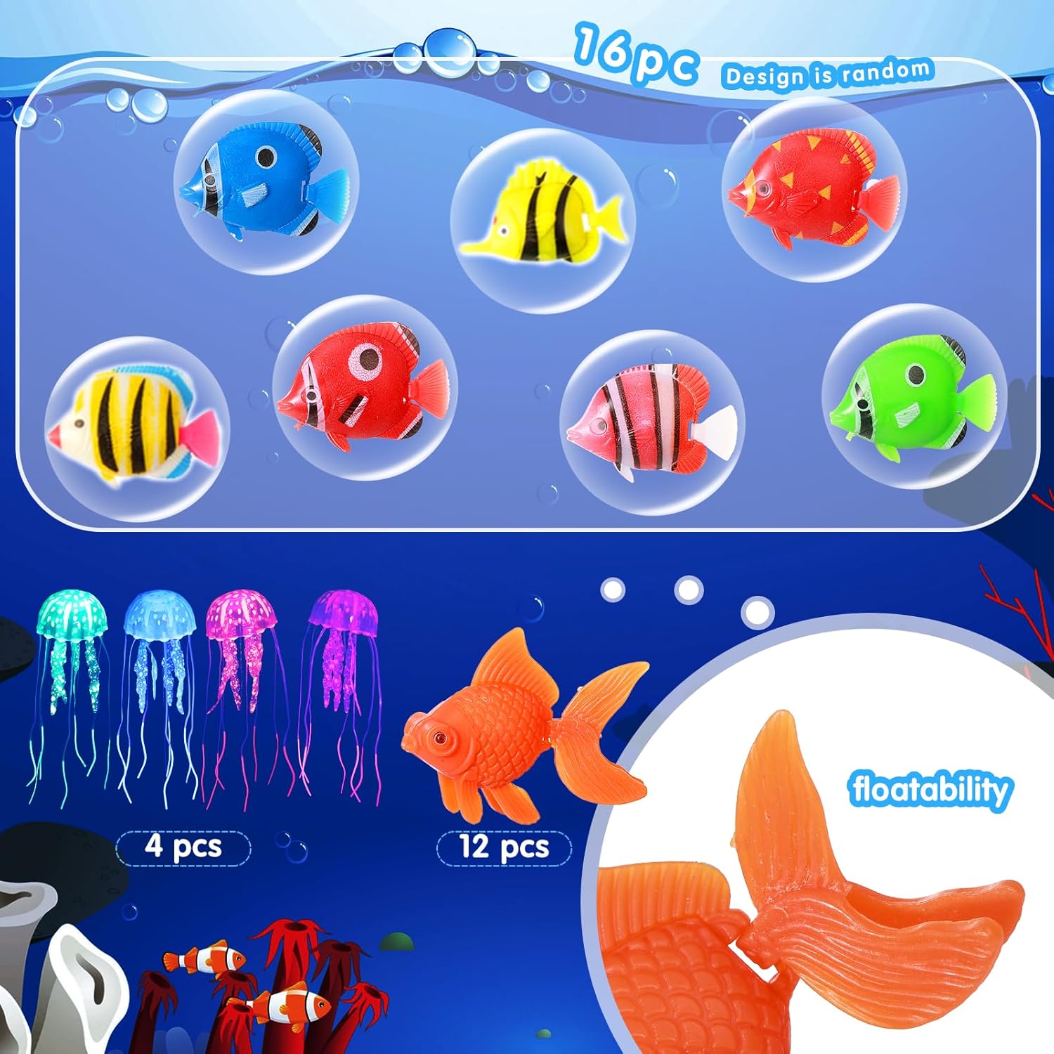 Chunyin Fish Tank Decorations, Artificial Aquatic Plants and Artificial Fishes Floating Decorations for Small Aquarium, Plastic Fake Fish, Jellyfish,Goldfish(50 Pcs)