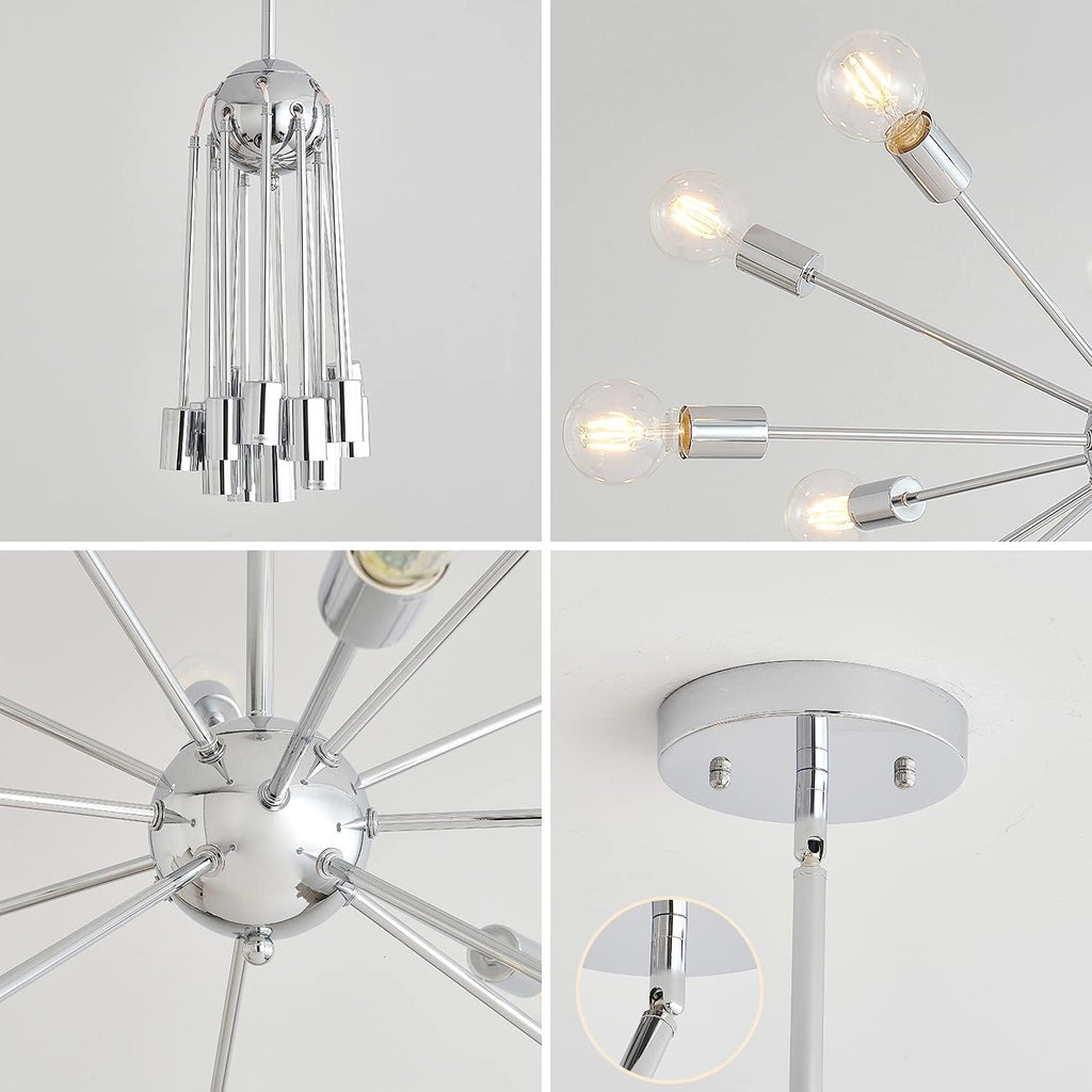 Mid-Century Sputnik Chandeliers 15-Lights, Modern Semi Flush Mount Ceiling Light Fixture Industrial Retro Hanging Lamps for Kitchen Living Room Dining Bedroom Corridor, Chrome（Bulb Not Included）