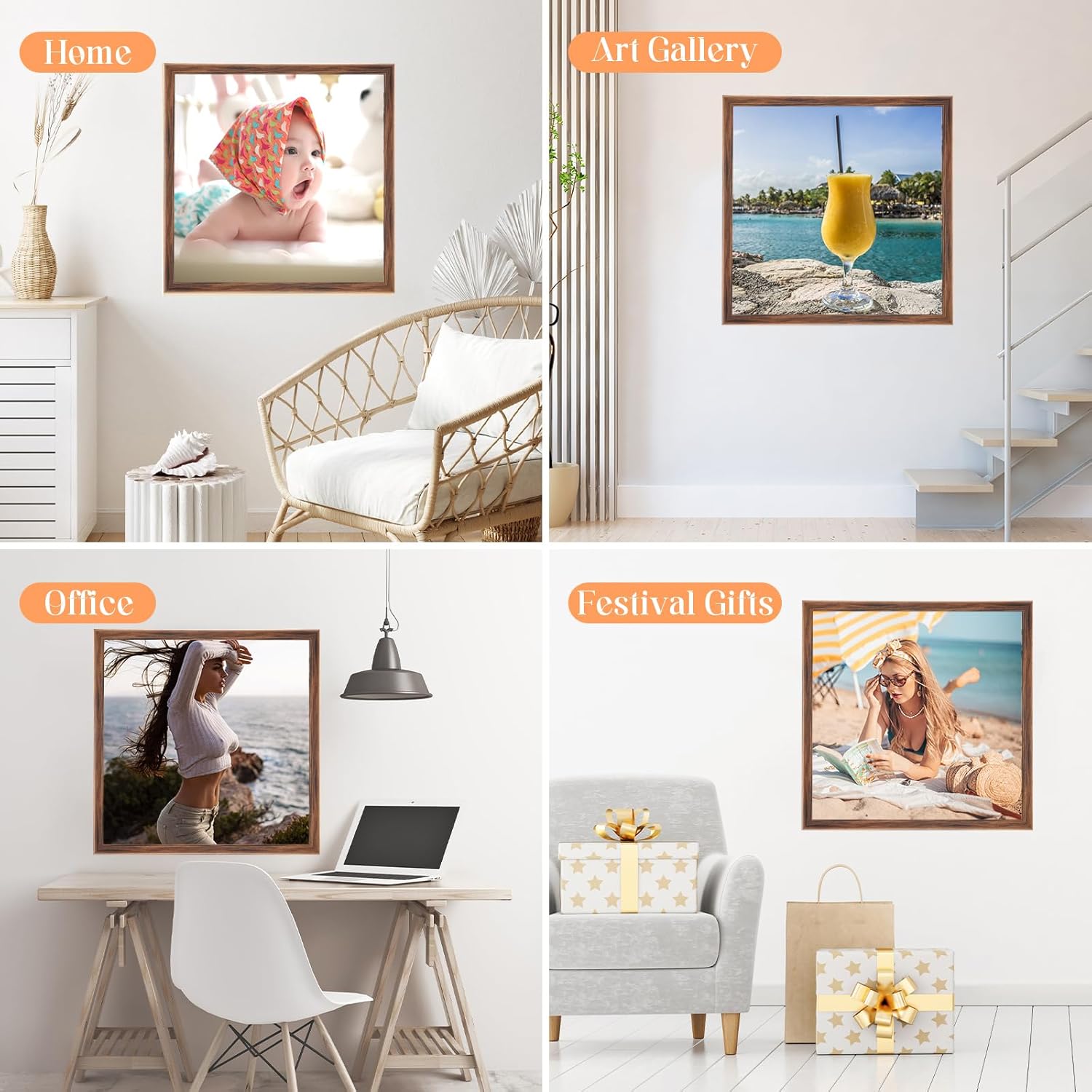 16x16 Wood Frame Brown, Rustic Natural Wooden 16x16in Poster Picture Frame, Distressed 16 x 16inch Woodgrain Gallery Photo Frame with HD Plexiglass, Horizontal Vertical Wall Mounting Display 1pcs