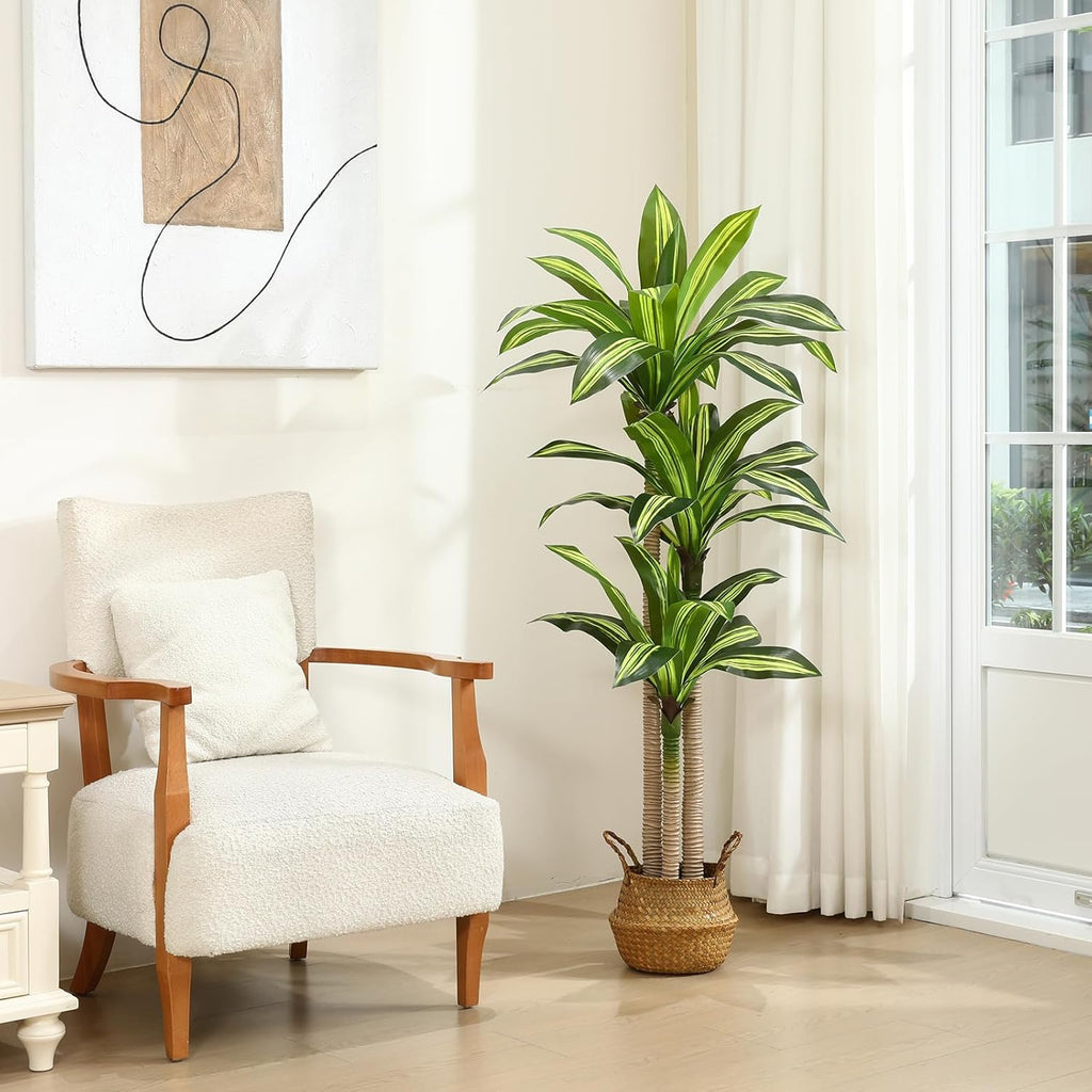 Artificial Plants, 5 Ft Dracaena Tree Faux Plants Indoor Outdoor Decor Fake Tree with Woven Seagrass Basket Plants for Home Decor Office Living Room Porch Patio Housewarming