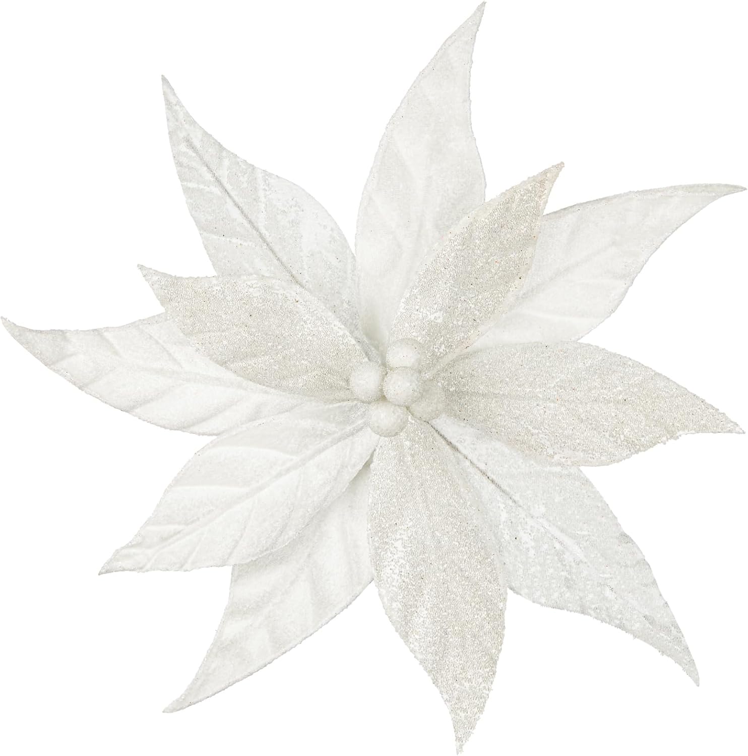 Hollyone 3PCS Poinsettia Christmas Flowers Artificial 11" Large Velvet White Glitter Poinsettia Flowers Christmas Tree Ornaments Floral Picks for Tree Wreath Garland Vase Table Centerpiece Home Decor