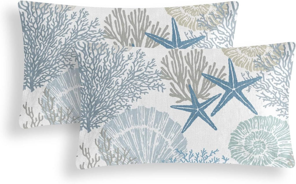 Tritard Nautical Coastal Throw Pillow Covers 12x20 Inches Set of 2 Beach Themed Ocean Seashell Coral Starfish Velvet Couch Lumbar Pillow Cover Outdoor Sofa Cushion Cover for Bedroom Living Room, Blue