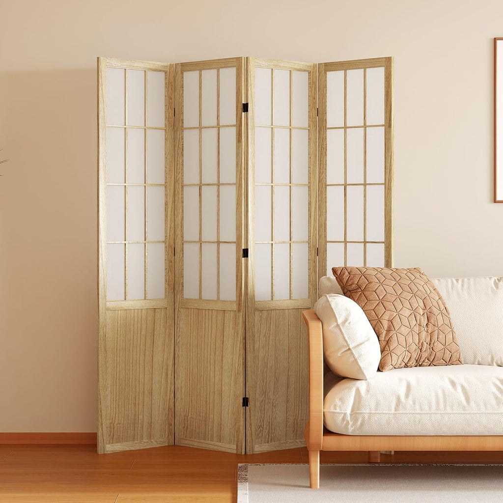 Room Divider, 66.9Inch Tall Japanese Shoji Style Folding Wood Screen with Double Hinges for Home Office Bedroom Hotel Decoration (4Panels, Natural)