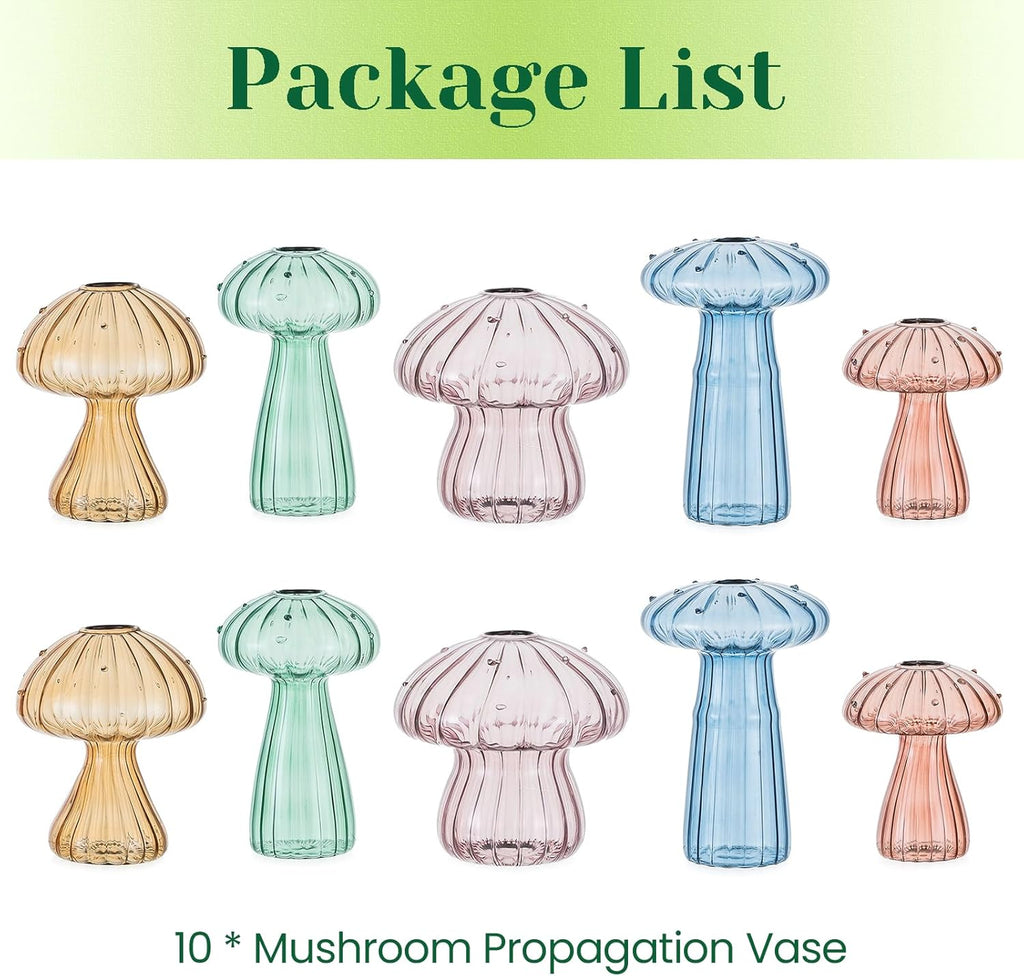 Hewory Glass Mushroom Propagation Stations: Set of 10 Unique Propagation Jars Glass Planter for Indoor Plants Home Decor - Colorful Mushroom Vase Christmas Birthday Gifts for Plant Lovers Women Girls