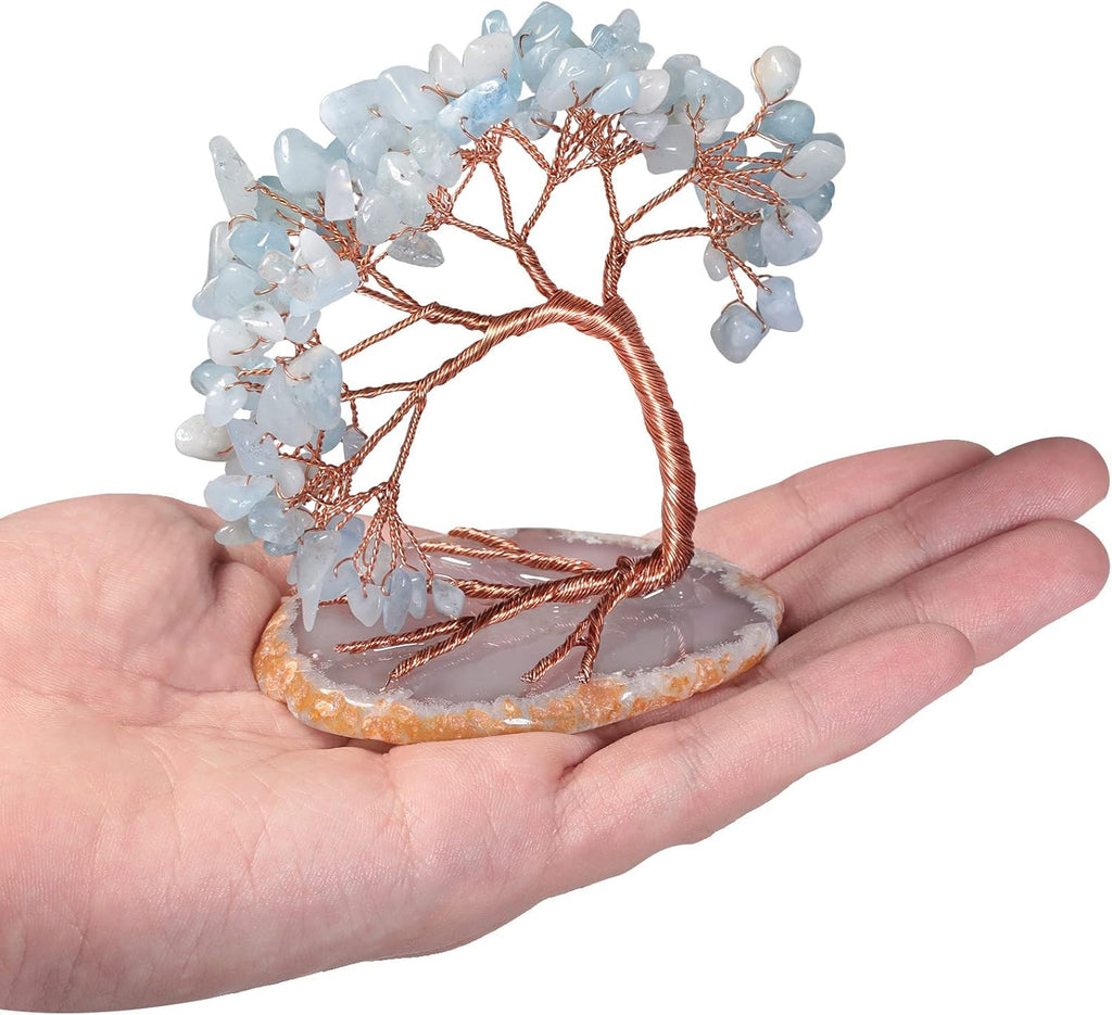 mookaitedecor Natural Aquamarine Crystal Money Tree Agate Slice Base Feng Shui Bonsai Crystal Tree for Wealth Luck Desk Decor, 3-4 Inch High
