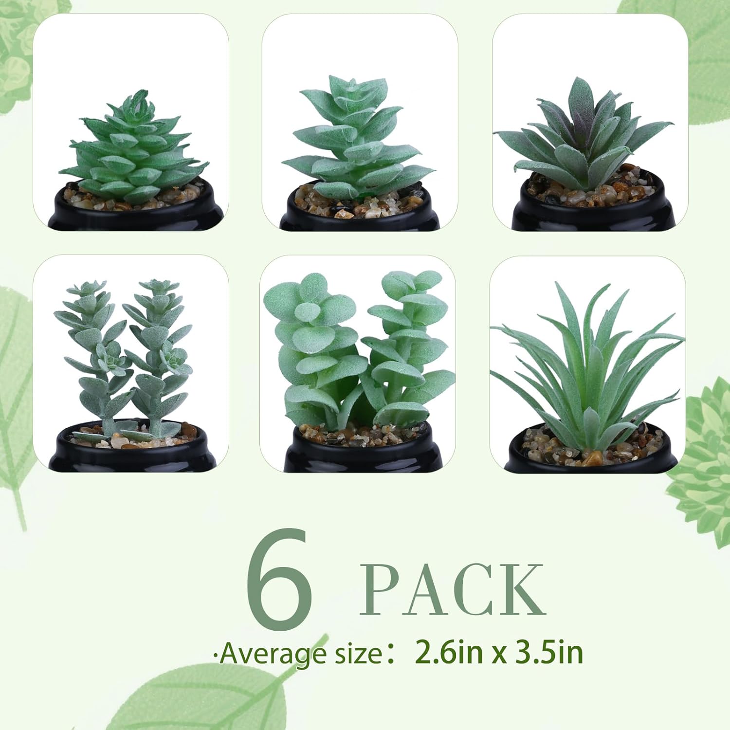GREENTIME 6 Pcs Green Artificial Succulent Plants in Mini Black Plastic Pots Small Fake Succulent Plant Faux Indoor Decor Bedroom Desk Bathroom Office Living Room Table Shelf Home Decoration