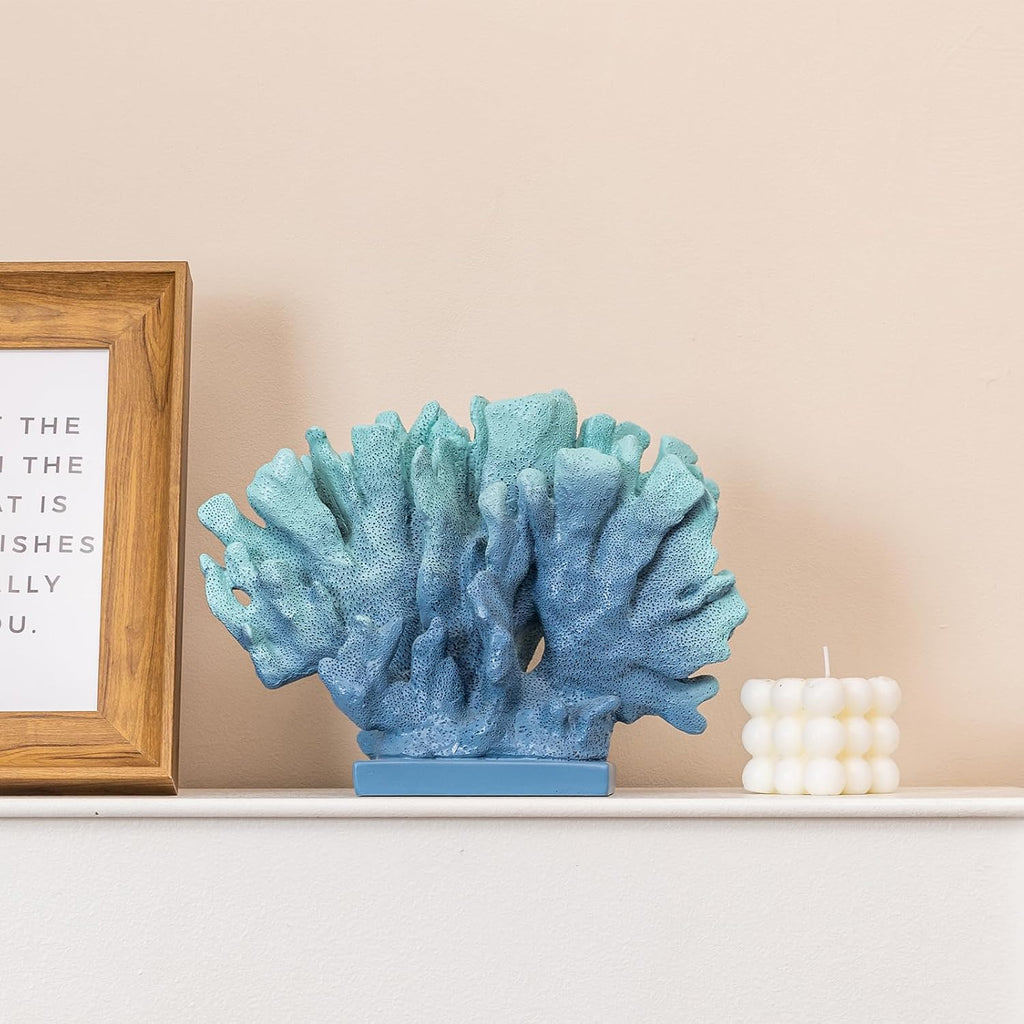 6" H Blue Coral Decor, Resin Coral Statue, Nautical Decorations for Home, Bedroom Wedding, Bathroom, Living Room, Beach/Coastal/Ocean Themed Cabinet Shelf Tabletop Decor