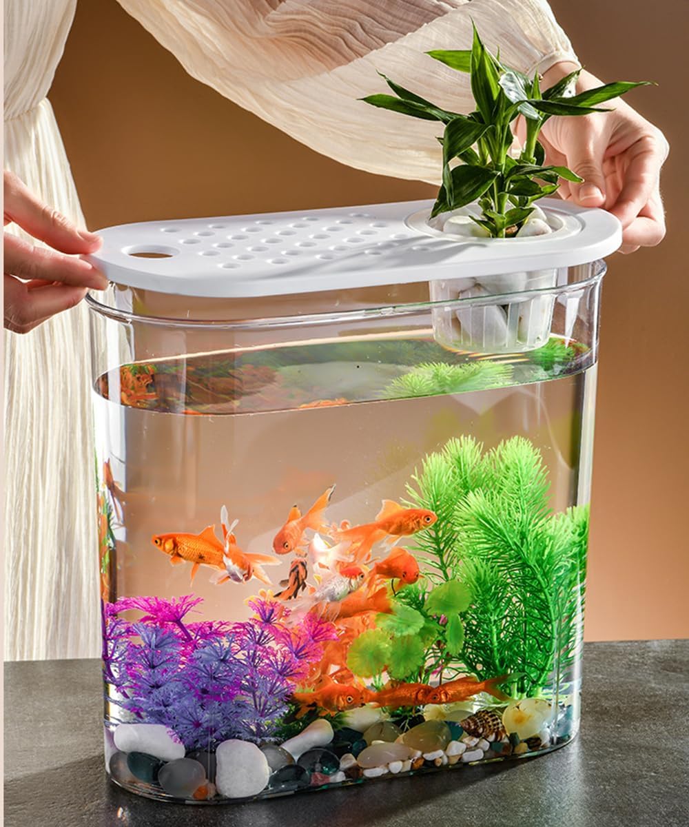 Small Fish Tank 2 Gallon, Desktop Mini Fish Tank, Starter Kits Betta Fish Tank with Decor Stones and Water Grass Decorations for Home or Office