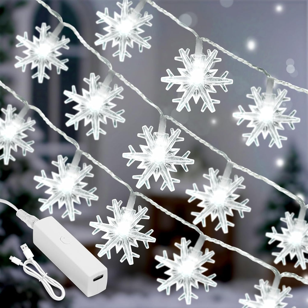 Christmas Lights, 20FT 40 LED Snowflake String Lights Battery Operated, Rechargeable Fairy Lights Battery Operated with 8 Modes for Bedroom Patio Room Party Xmas Tree Decor Home Decorations,Cool White
