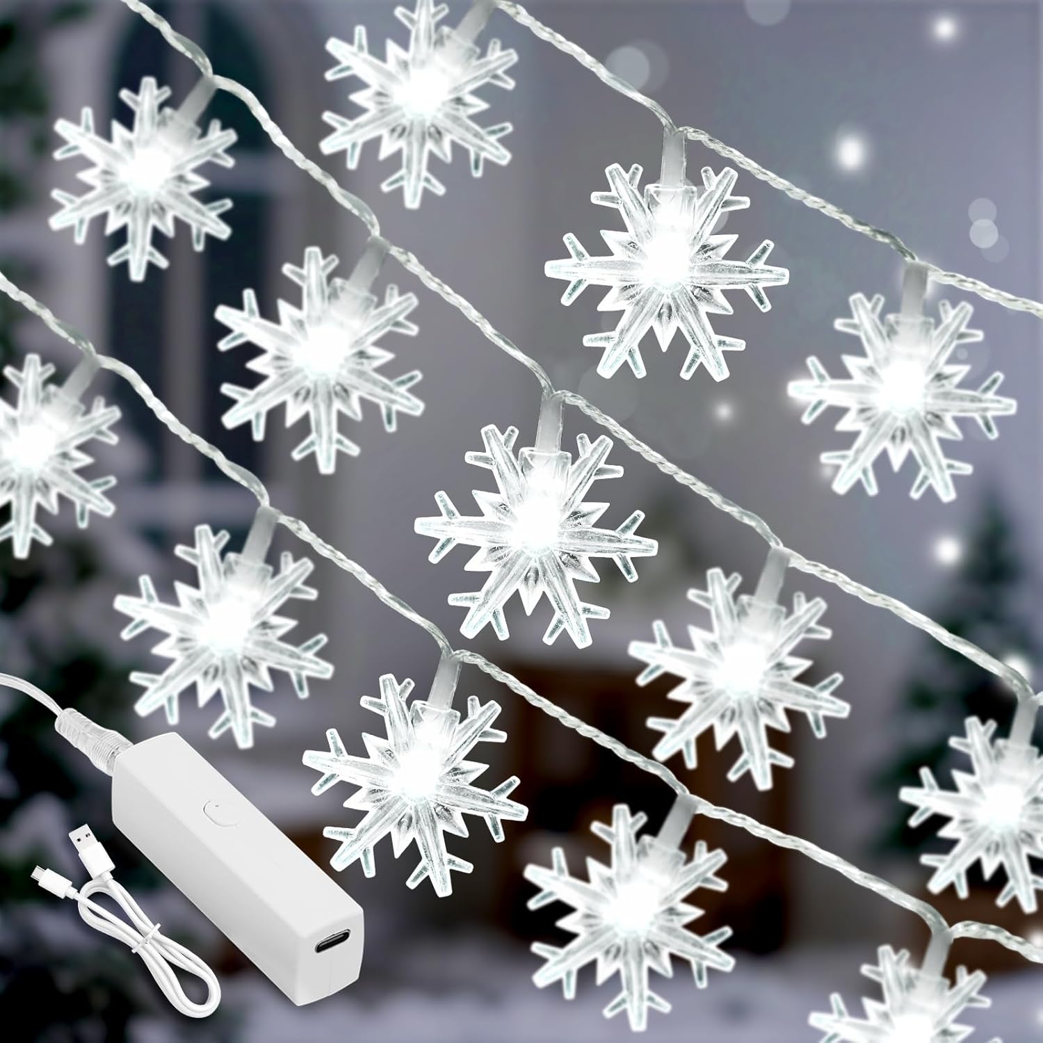 Christmas Lights, 20FT 40 LED Snowflake String Lights Battery Operated, Rechargeable Fairy Lights Battery Operated with 8 Modes for Bedroom Patio Room Party Xmas Tree Decor Home Decorations,Cool White