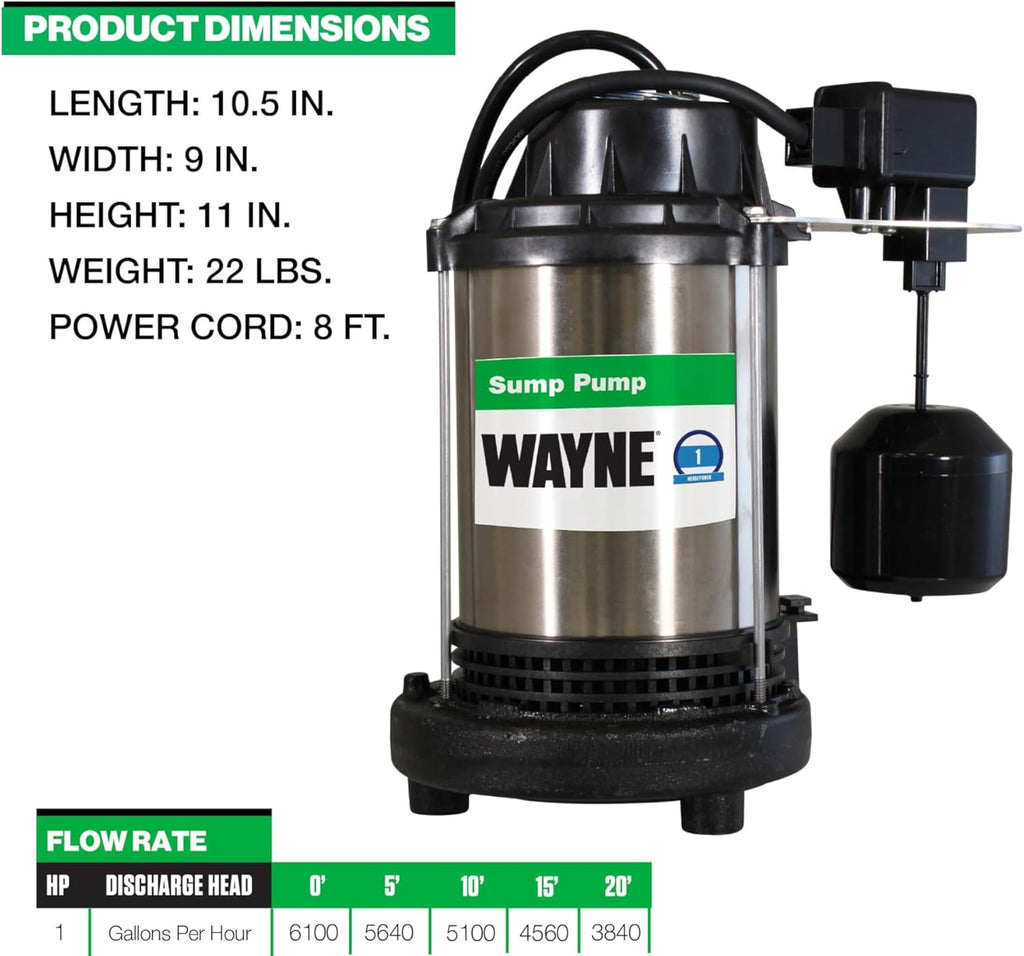 Wayne 1 HP Heavy Duty Submerisble Cast Iron and Stainless Steel Sump Pump with NEW Switch - Removes up to 6,100 Gallons of Water Per Hour