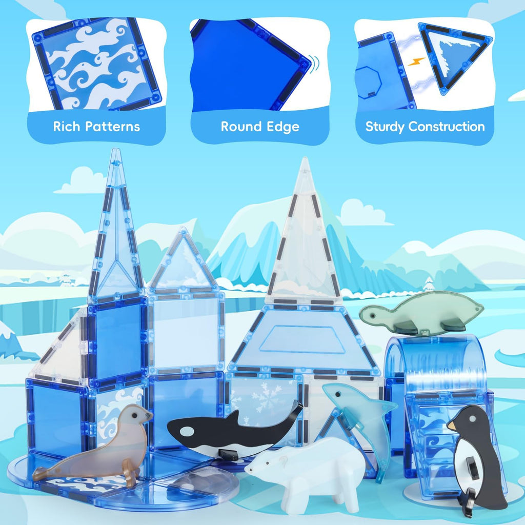 Arctic Animals Magnetic Tiles for Kids Ages 4-8, Aquarium Magnetic Building Set with 6 Sea Animals, Educational Magnet Blocks for School Toddlers, Birthday Xmas Gifts for Grandkids Boys Girls 3-5 4-6