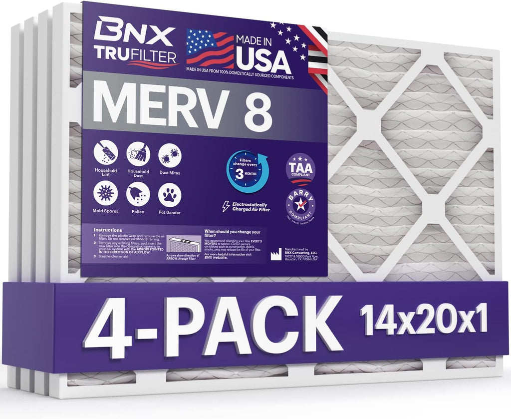 BNX TruFilter 14x20x1 Air Filter MERV 8 (4-Pack) - MADE IN USA – Dust & Pet Defense Electrostatic Pleated Air Conditioner HVAC AC Furnace Filters for Dust, Pet, Mold, Pollen MPR 600 – 700 & FPR 5