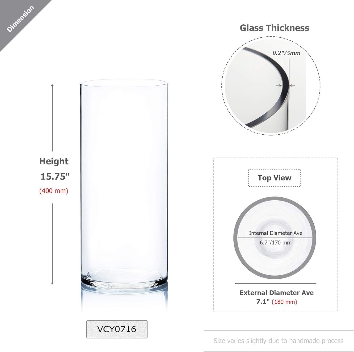 WGV Cylinder Vase Bulk, Width 7", Height 16", Clear Wide Large Diameter Flower Glassware, Floral Container, Planter Terrarium for Wedding Party Event, Home Accent Decor, 4 Pieces