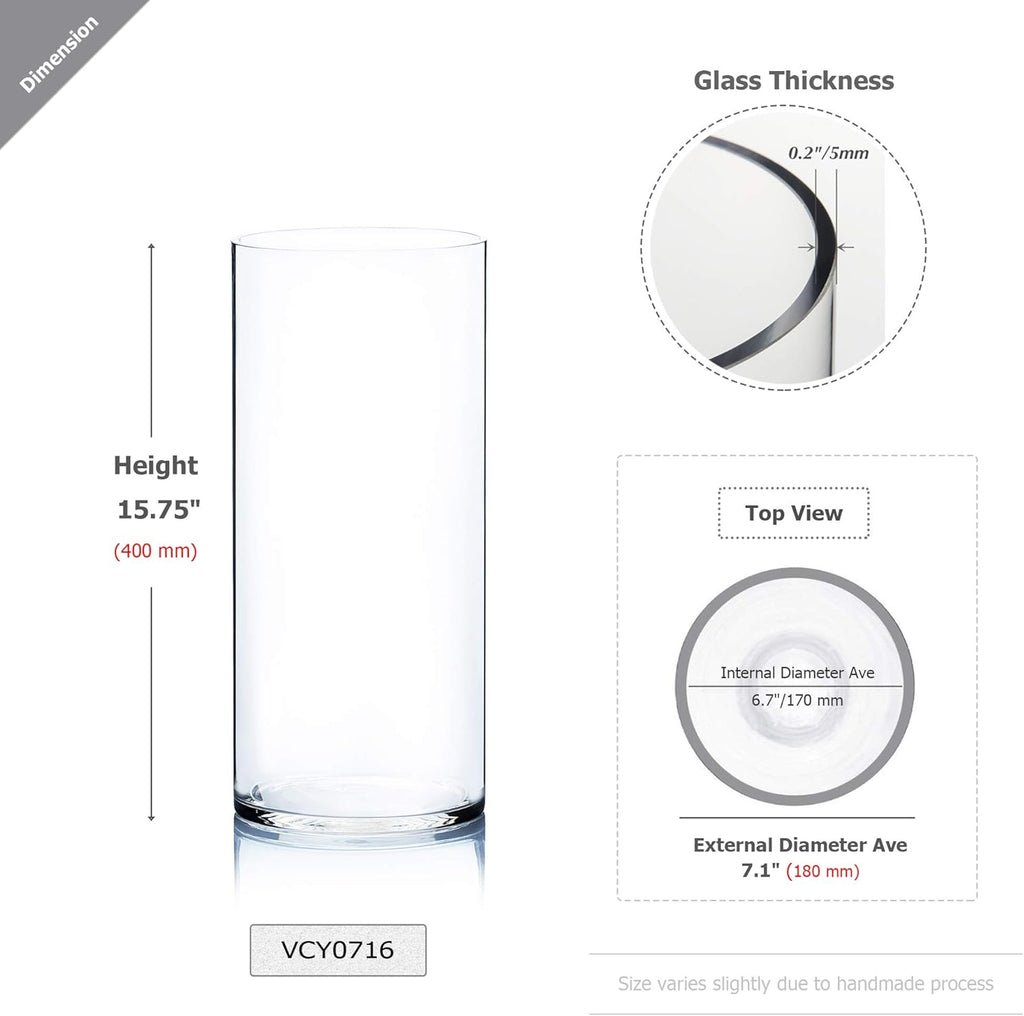 WGV Cylinder Vase, Width 7", Height 16", Clear Wide Large Diameter Flower Glassware, Floral Container, Planter Terrarium for Wedding Party Event, Home Accent Decor, 1 Piece